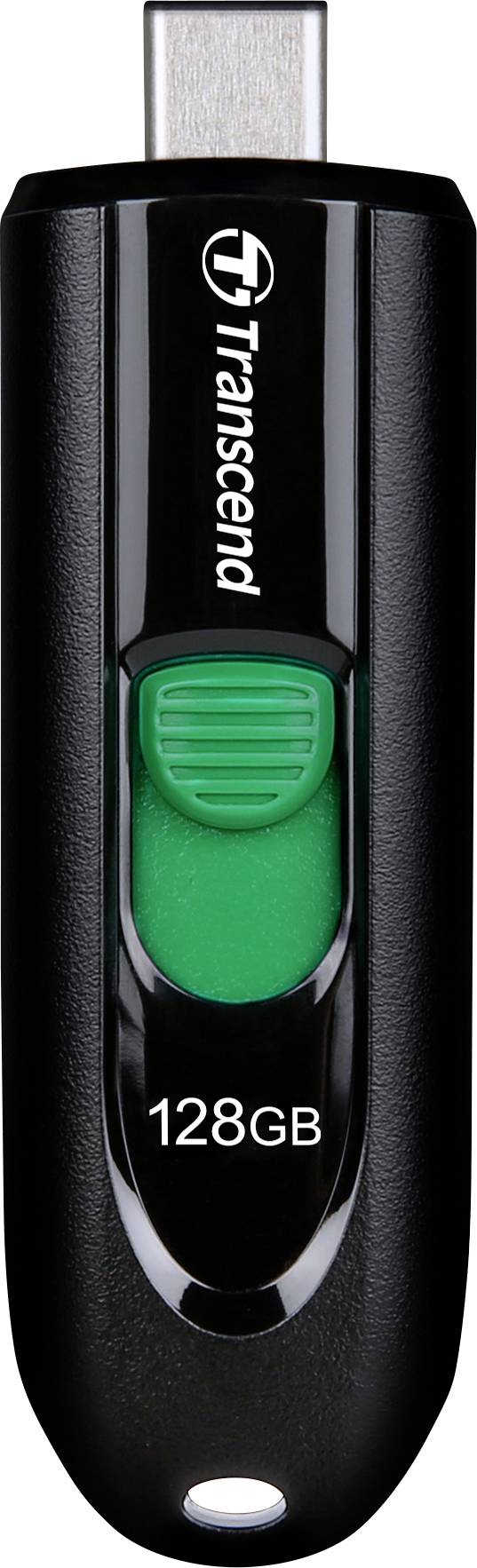 Chiavetta USB da 128 GB, con involucro nero, coperchio dello slider verde, logo Transcend visibile.