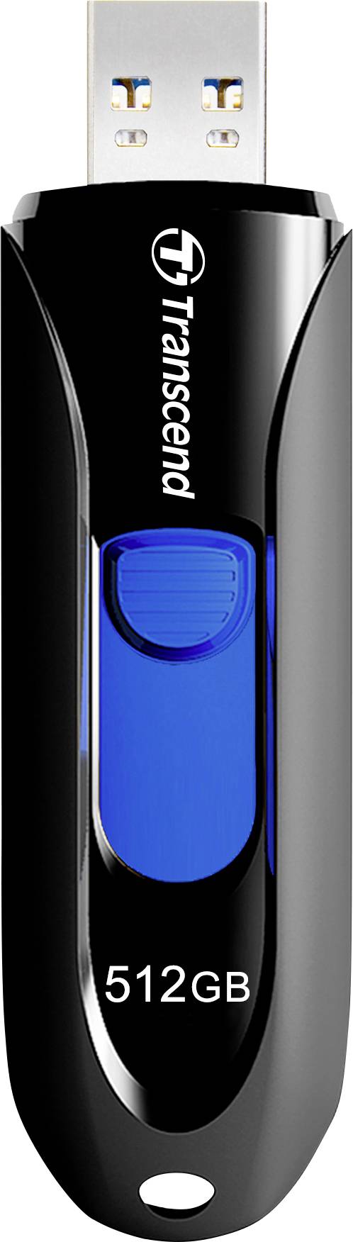 Una chiavetta USB nera Transcend con tasto blu e capacità di archiviazione da 512 GB.