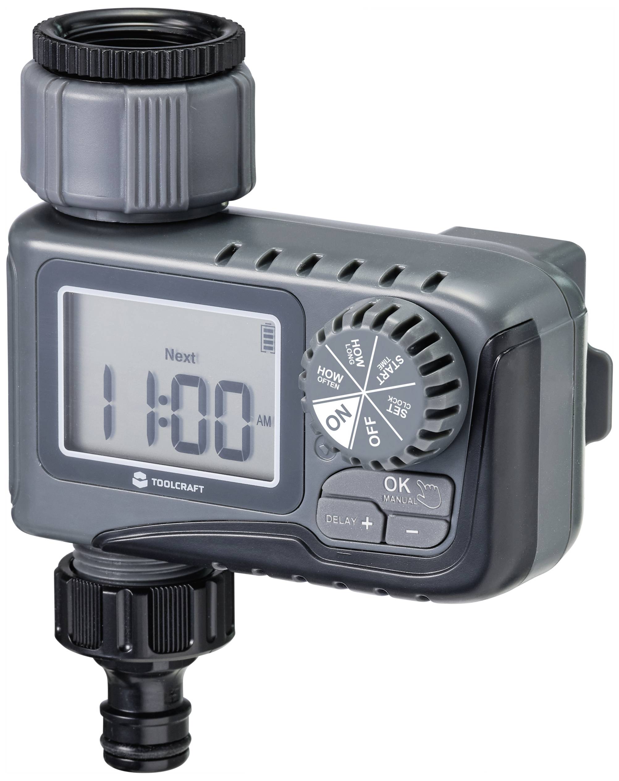 Timer digitale per irrigazione con display grande e manopola di regolazione, che mostra l'ora corrente e il prossimo orario di avvio dell'irrigazione.