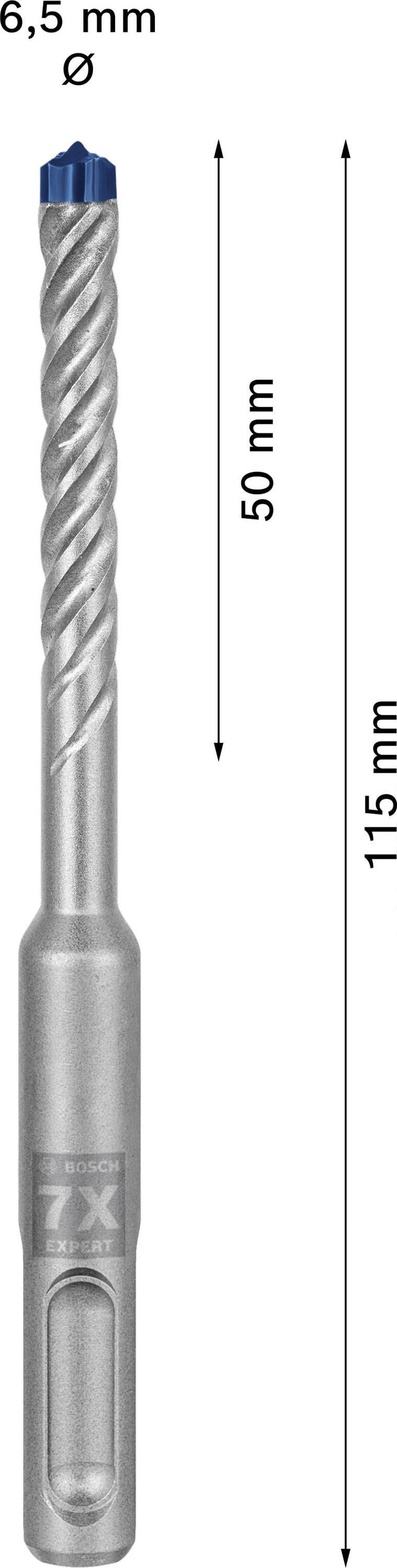 Punta da trapano da 6,5 mm di diametro, 115 mm di lunghezza, con lunghezza utile di 50 mm.