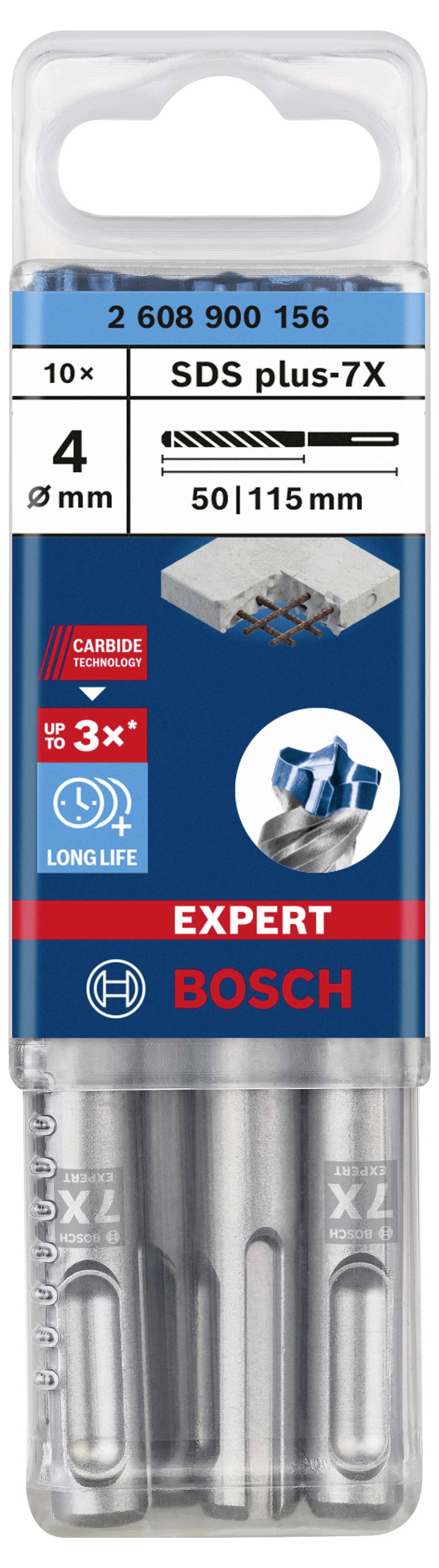 Confezione da 10 punte Bosch SDS plus-7X, diametro 4 mm, lunghezza 50/115 mm, adatte per calcestruzzo, maggiore durata grazie al metallo duro.