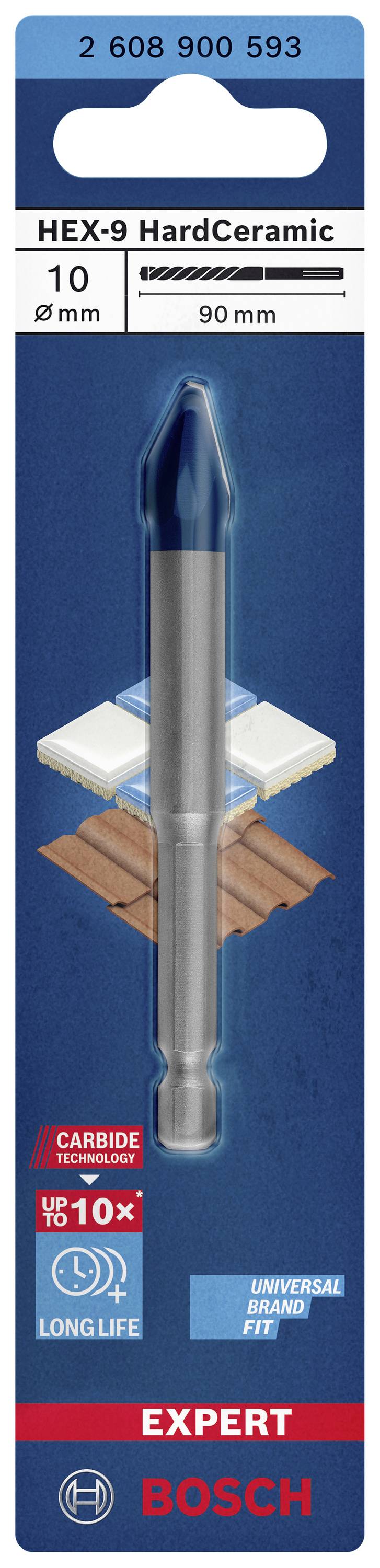 Punta per piastrelle in ceramica Bosch, nome prodotto 'HEX-9 HardCeramic', diametro 10 mm, lunghezza 90 mm.