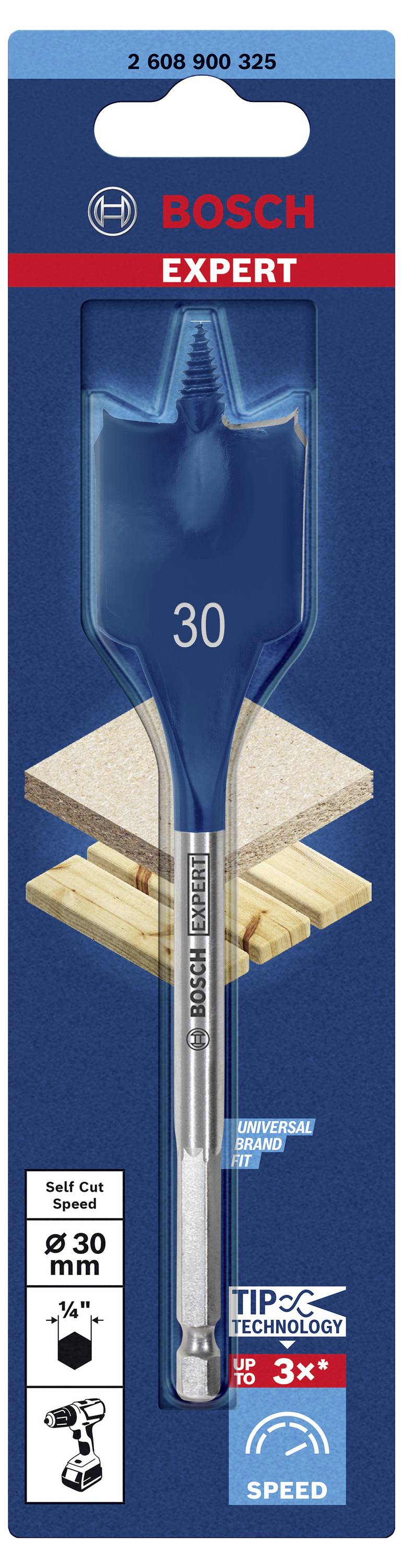 Un fresa piatta BOSCH Expert da 30 mm per forature nel legno, con attacco universale in una confezione blu.
