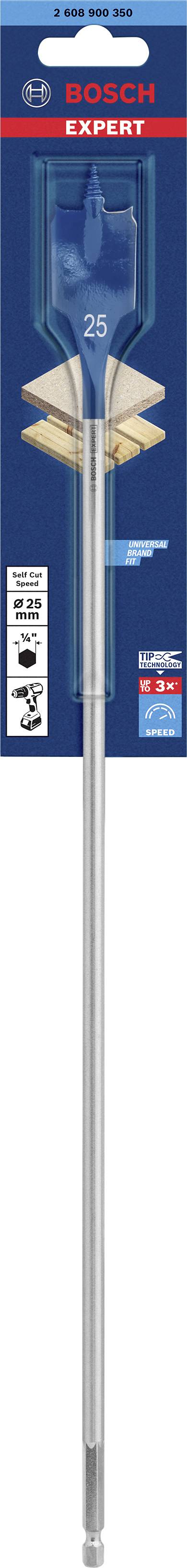 Fresa piatta 'Bosch Expert', 25 mm. Fresa lunga per forature precise nel legno. Confezione che mostra informazioni sul prodotto e il logo del marchio.