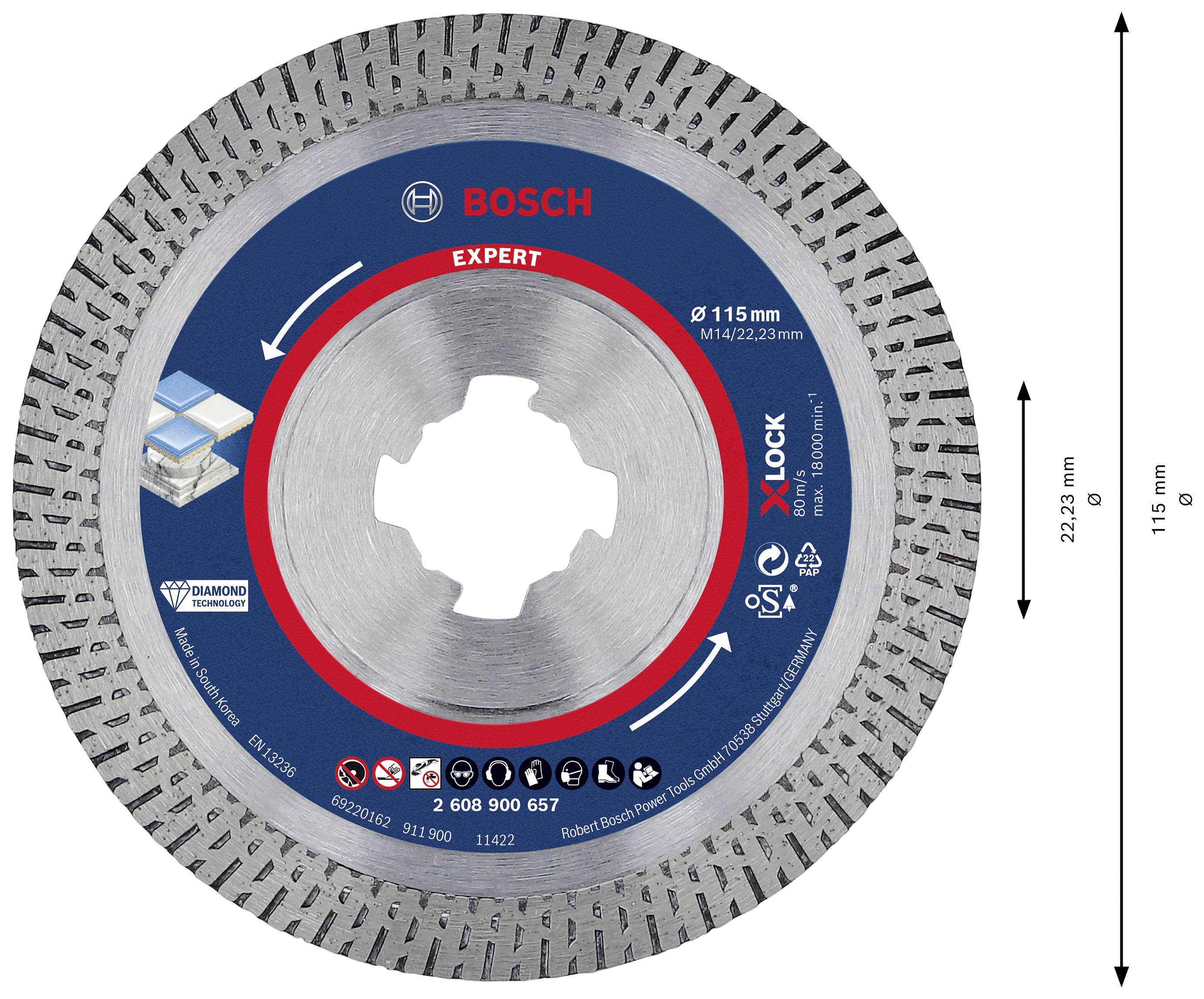 Un disco diamantato Bosch Expert per piastrelle con diametro di 115 mm. Adatto per sistemi X-Lock, con foro da 22,23 mm.