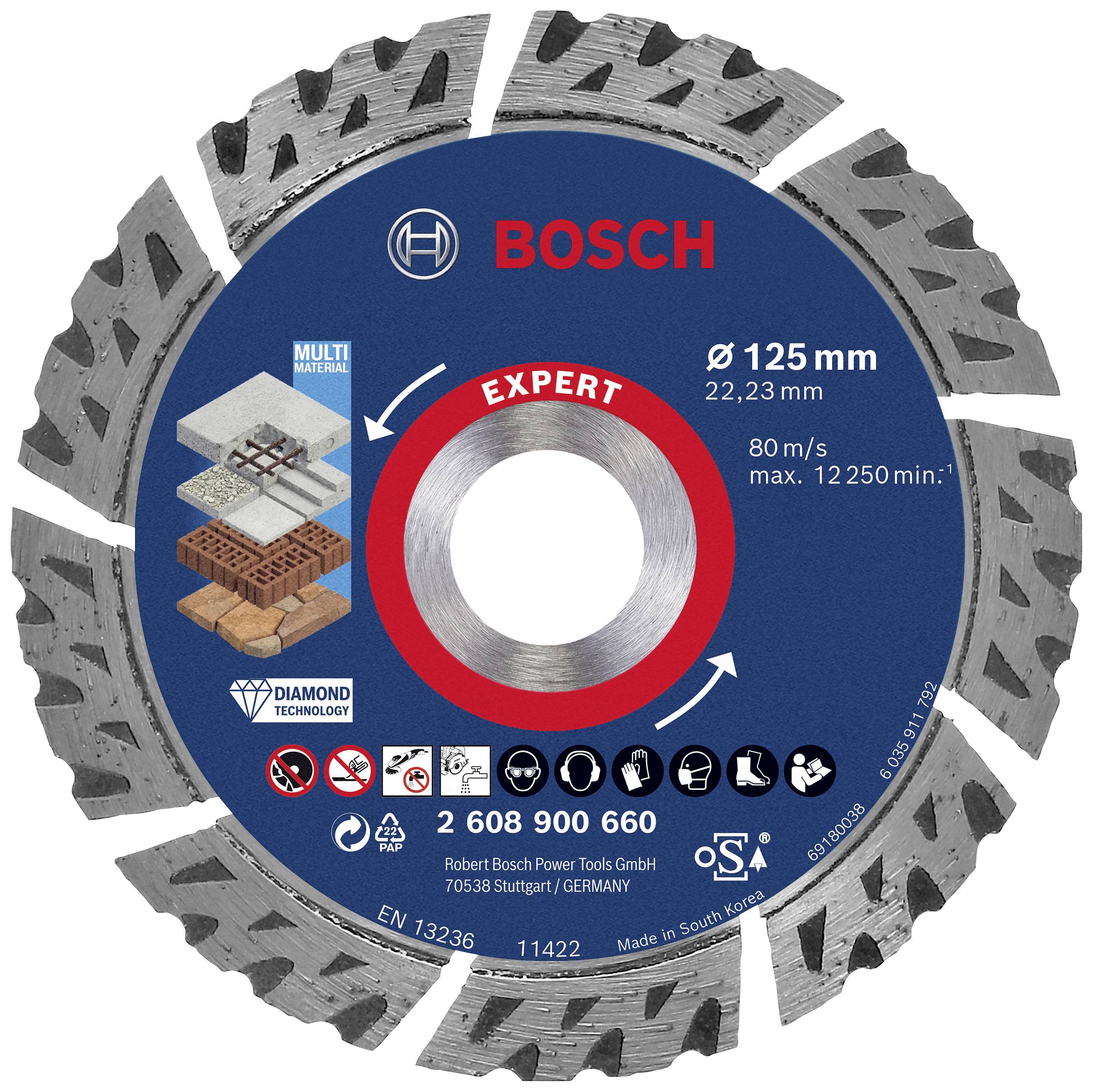 'Lama per sega Bosch, 125 mm, per materiali come piastrelle e muratura. Informazioni sul modello e sulla sicurezza sul lato anteriore.'