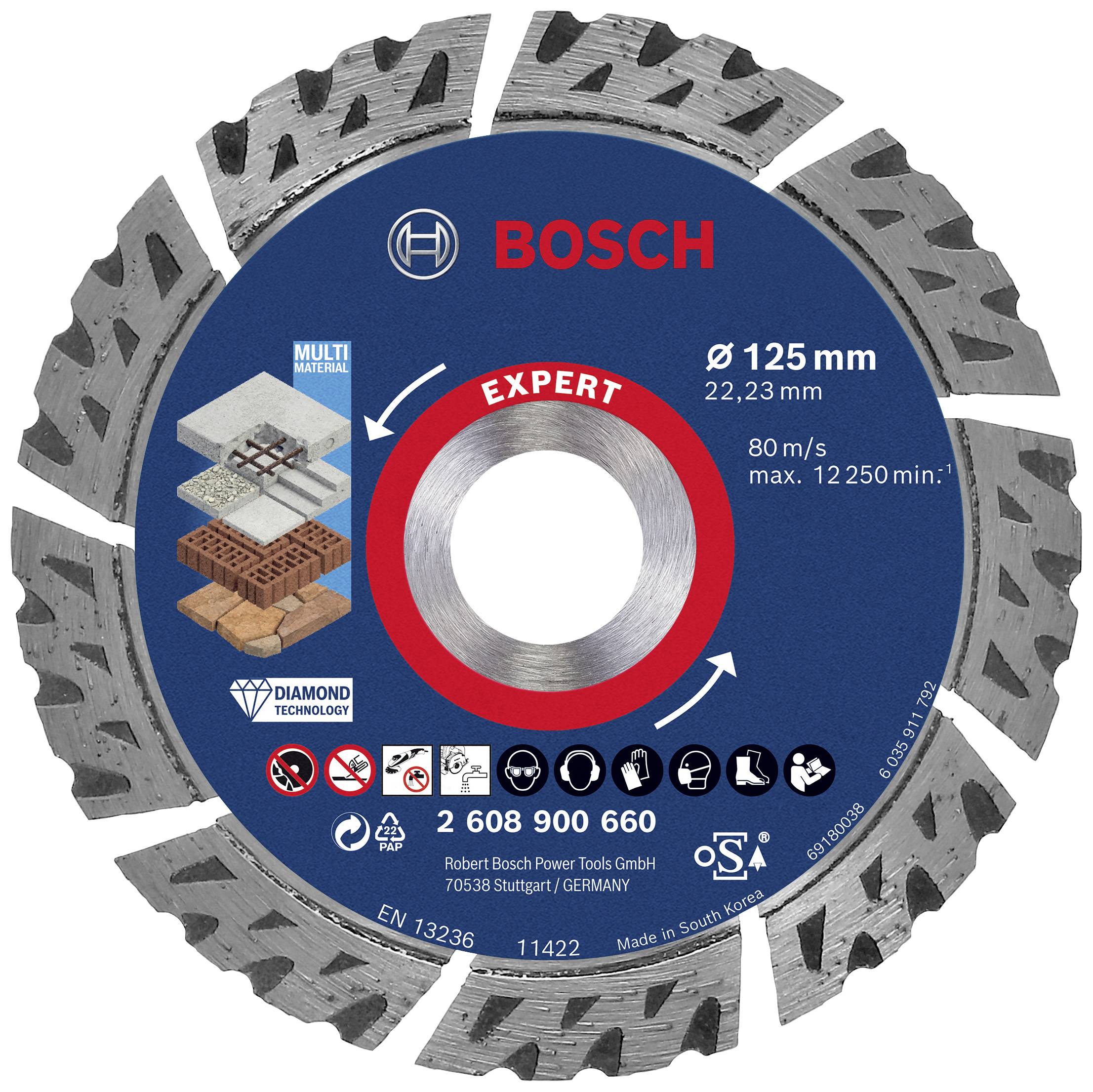 Bosch Disco da taglio diamantato Expert, 125 mm, velocità massima 12.250/min, adatto per calcestruzzo, muratura, pietra. Prodotto in Corea.