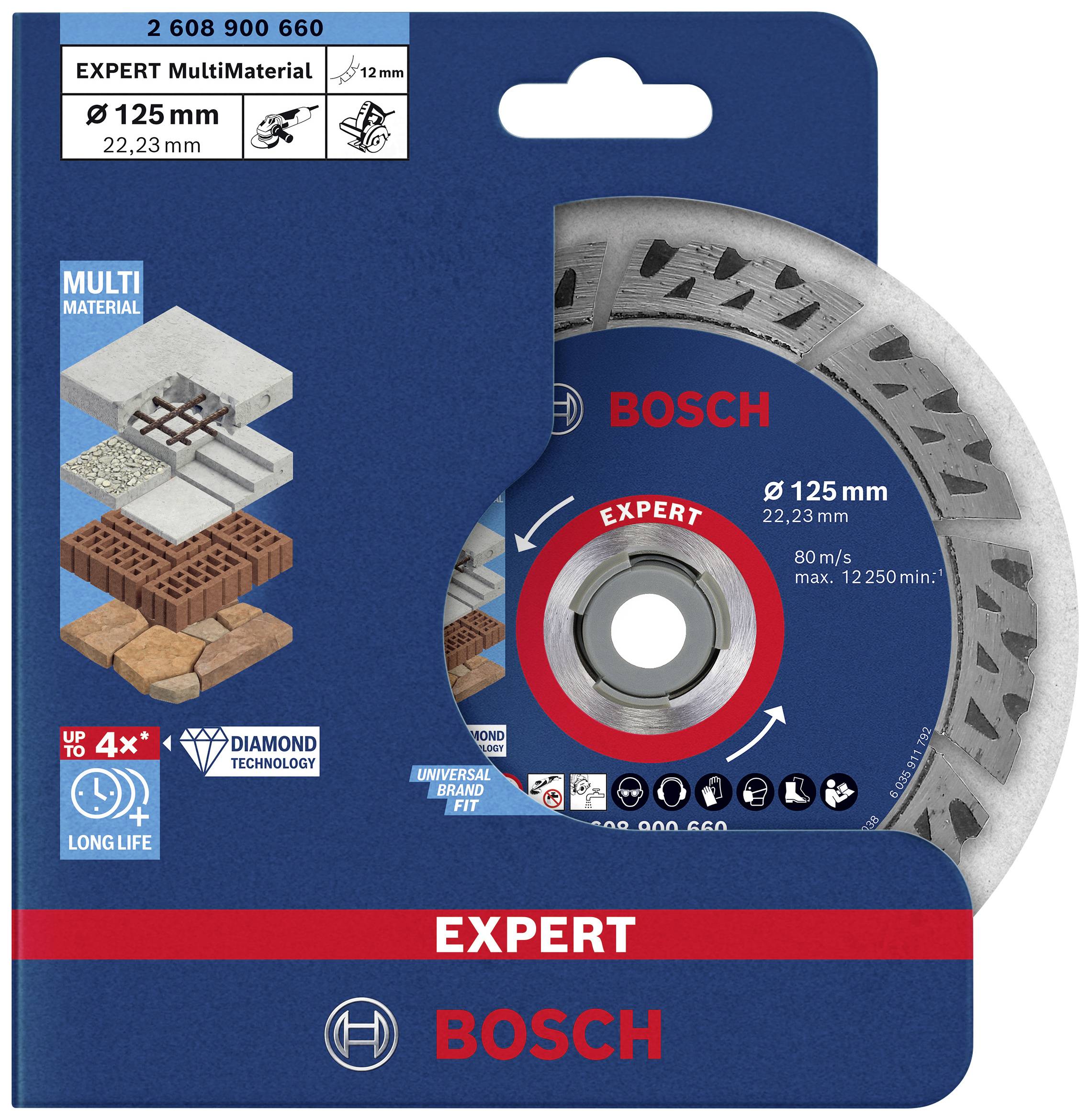 Disco diamantato 'BOSCH Expert' per multi-materiali, 125 mm, idoneo per calcestruzzo, mattoni e altri materiali duri, di lunga durata.