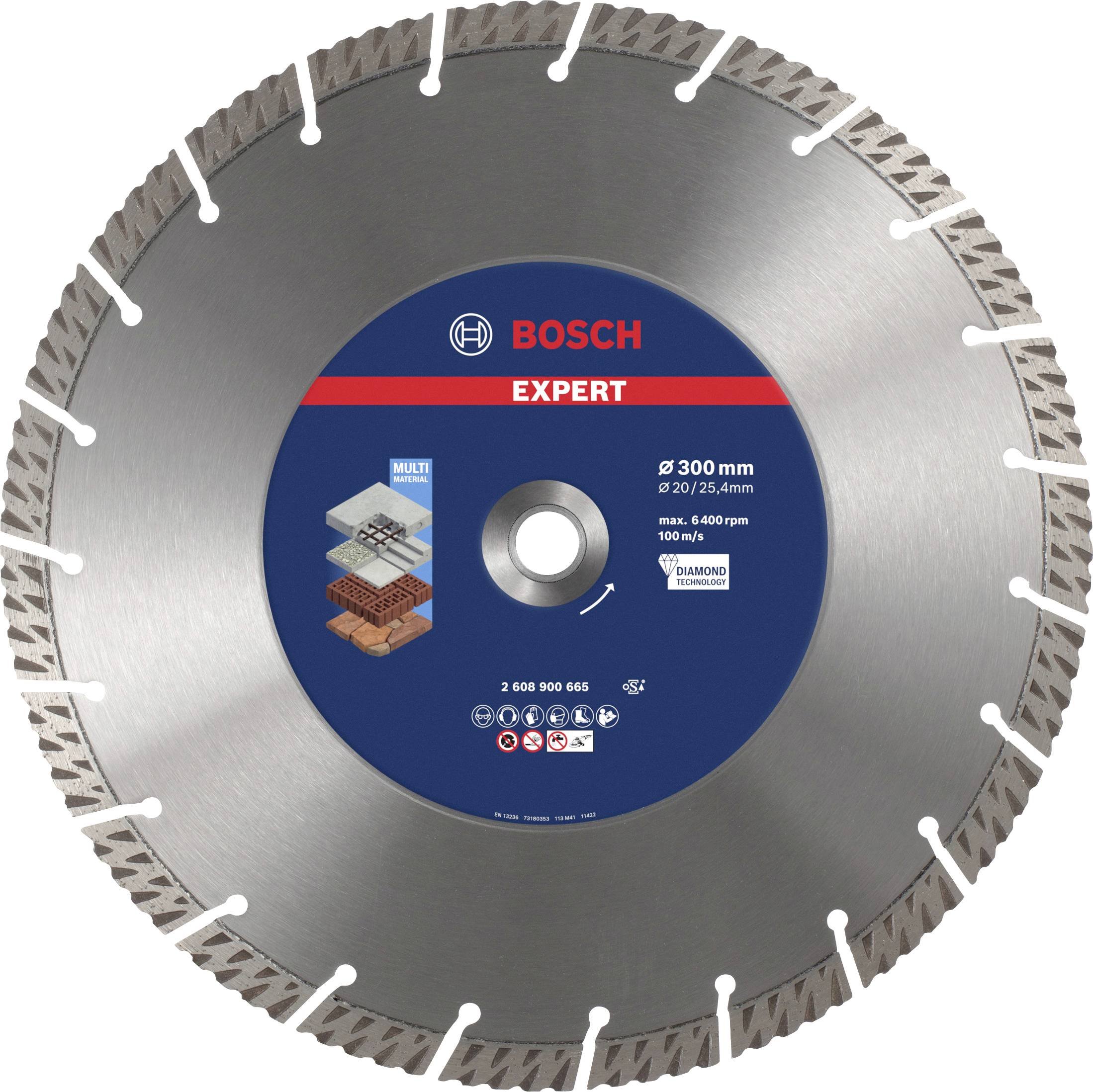 Disco circolare di grandi dimensioni con marcatura 'Bosch Expert', diametro di 300 mm, adatto per diversi materiali come calcestruzzo e pietra.