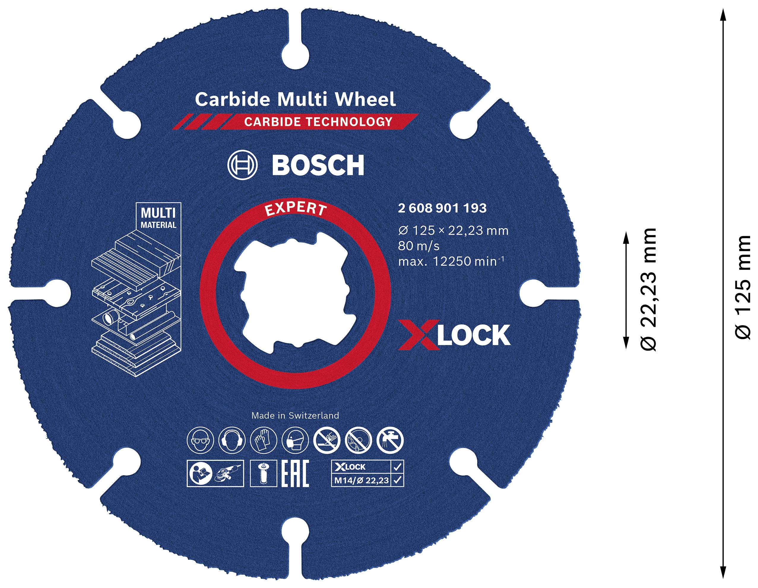 Lama circolare blu Bosch, 'Carbide Multi Wheel', diametro 125 mm, con sistema X-LOCK, per tagli multi-materiale.