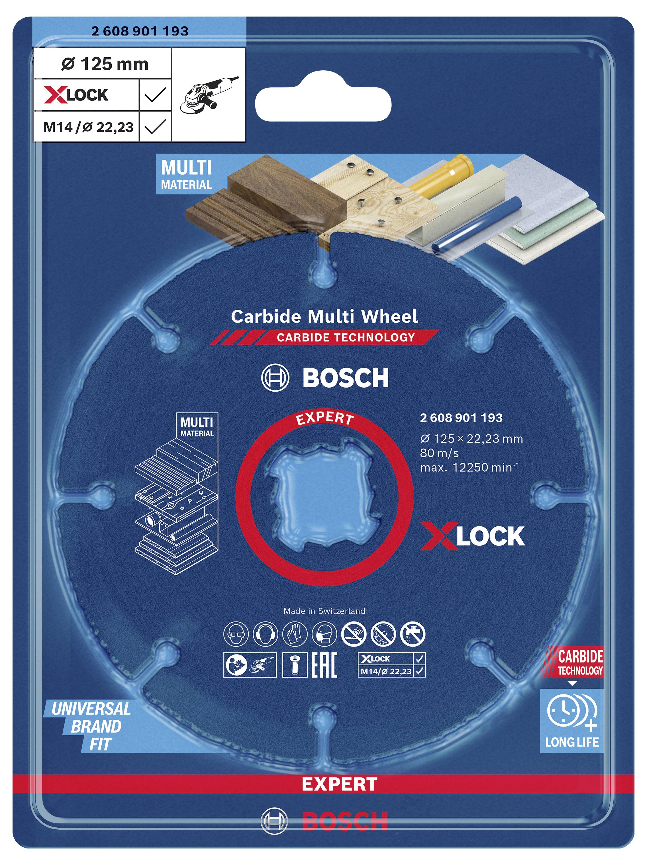 Lama per sega circolare multiuso Bosch, sistema X-Lock, 125 mm, adatta per legno e metallo. Confezionata in custodia blu.