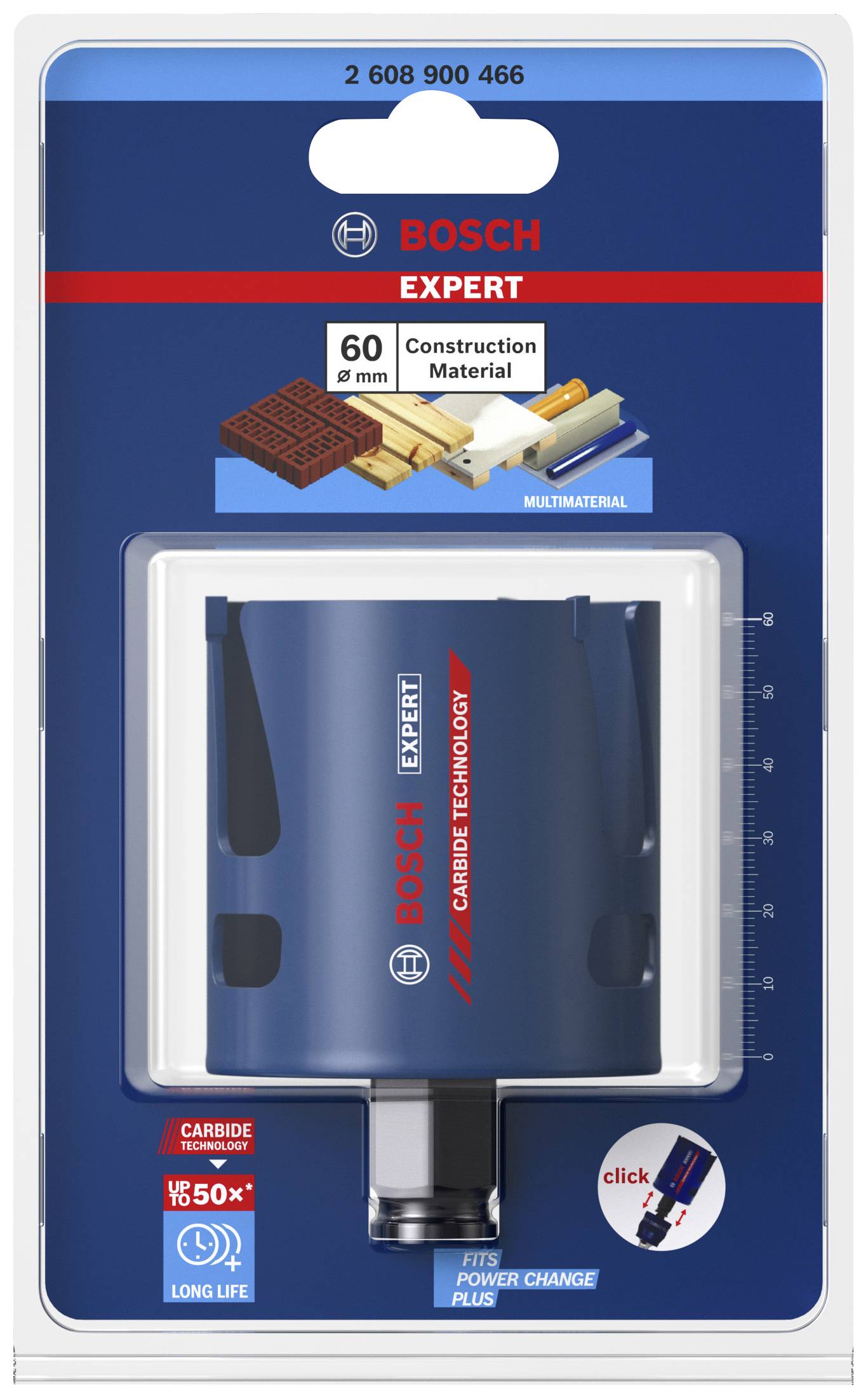 Confezione della sega a tazza Bosch Expert. Adatta per materiali da 8 mm, specificatamente per costruzioni. Include la funzione Power Change Plus.