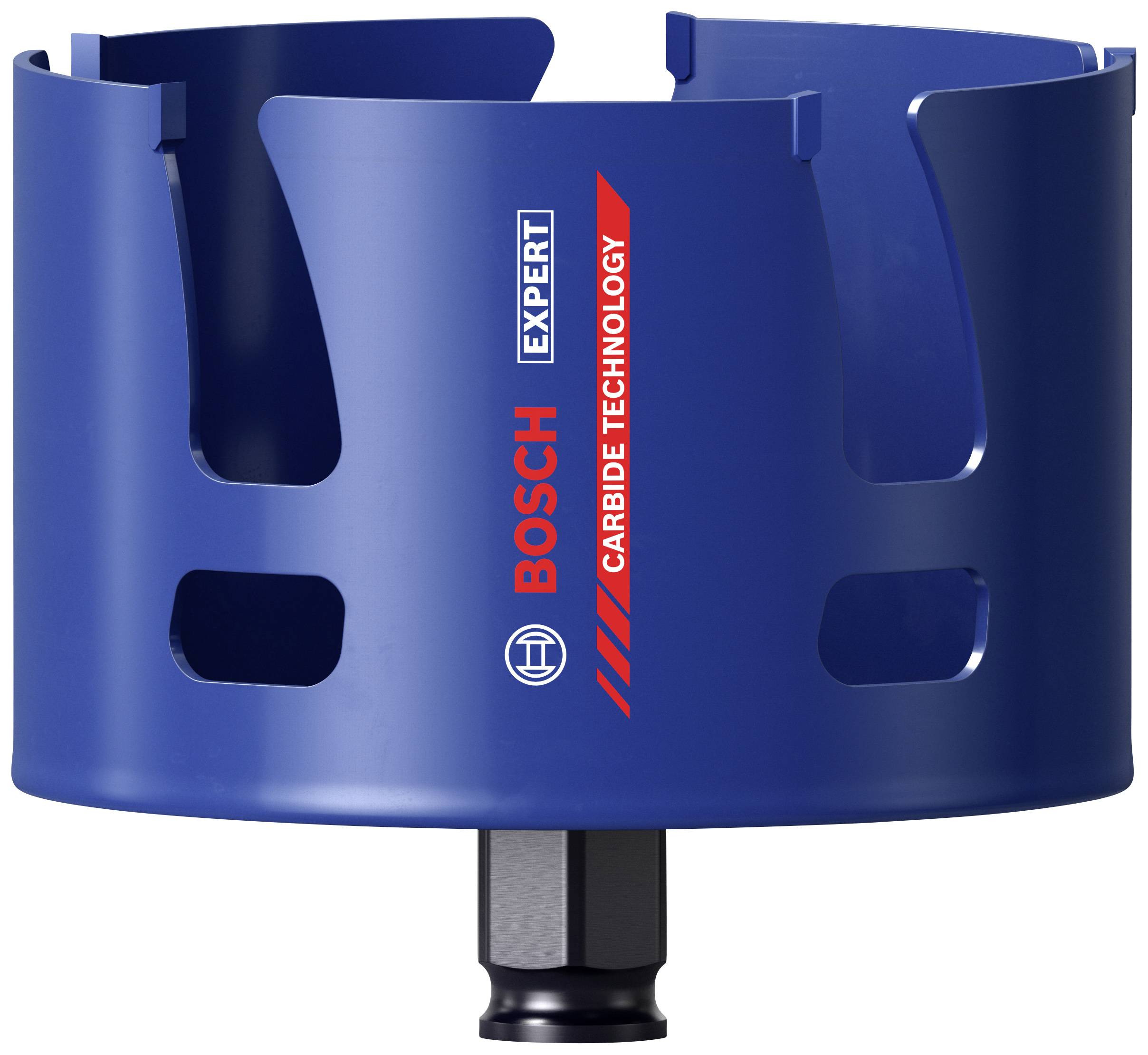Bosch blu con attacco per sega a tazza con scritta 'Expert' e 'Carbide Technology', adatto per forare materiali duri.