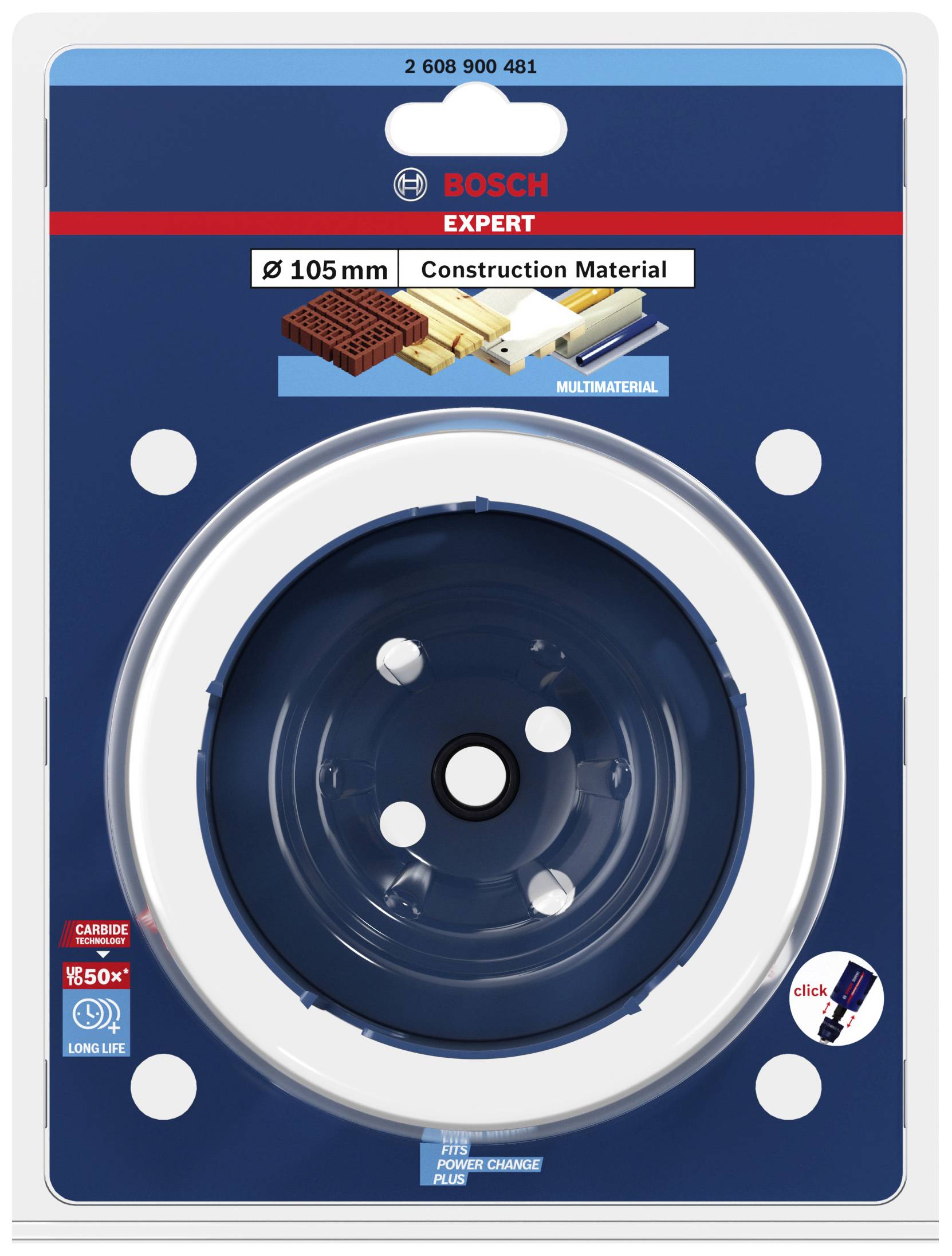 Figura mostra una sega a tazza Bosch Expert adatta per costruzioni da 105 mm, per diversi materiali. Confezione con sistema di aggancio istantaneo.