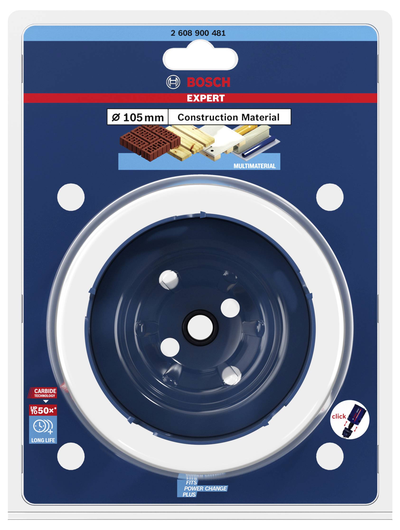 Confezione di una sega a tazza Bosch Expert per materiali da costruzione, diametro 105 mm. Adatta per mattoni, cartongesso e altri materiali.