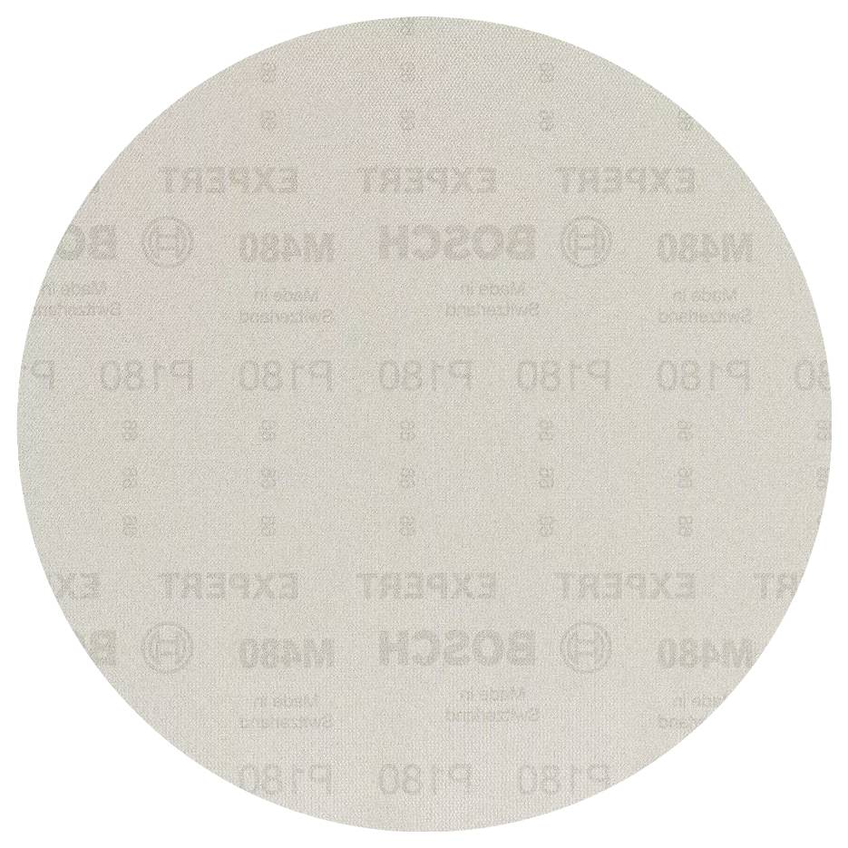 Disco abrasiva beige con la scritta 'Bosch Expert P180'. È rotonda e viene utilizzata per levigare o lucidare superfici.