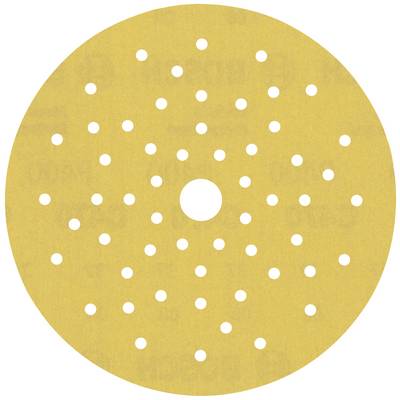Disco abrasiva rotonda con foro centrale e diversi fori più piccoli disposti in un pattern uniforme. Adatta per lavori di levigatura.