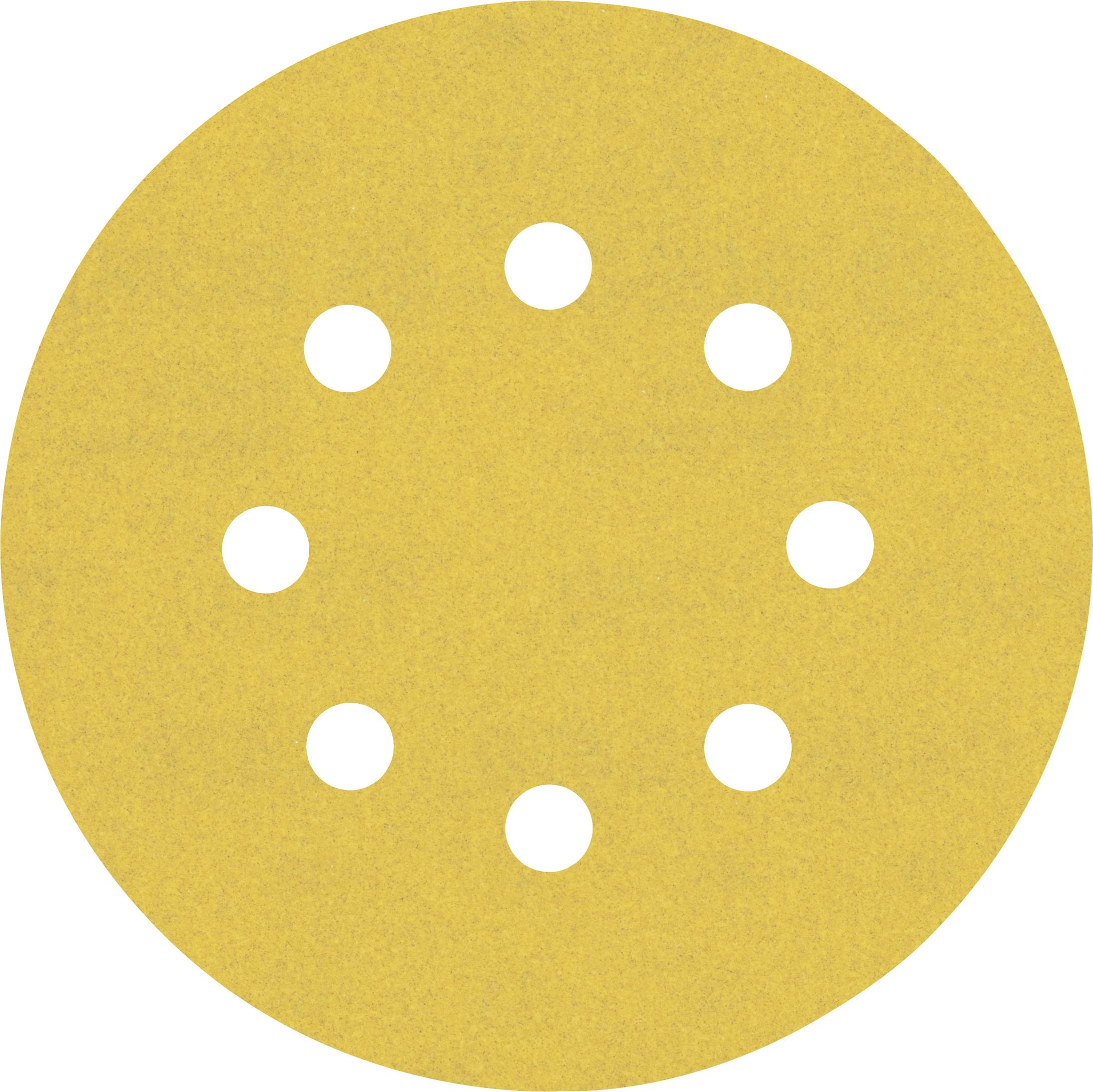 Un disco rotondo giallo con otto fori, utilizzato per lavori di levigatura e finitura superficiale.