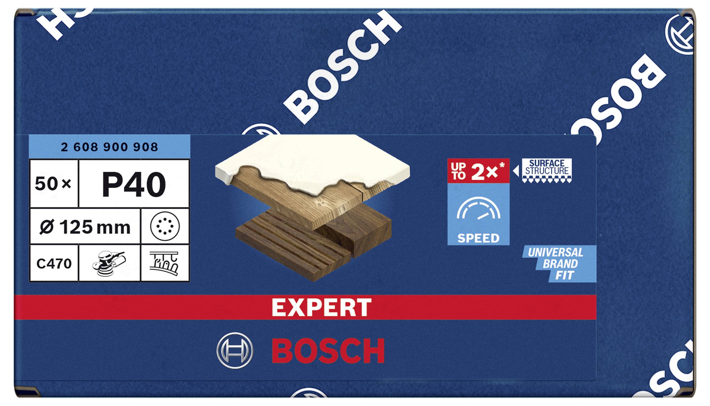 Confezione di carta abrasiva Bosch con scritta 'Expert P40, Ø 125 mm'. Adatta per legno. Presta prestazioni di levigatura migliorate.