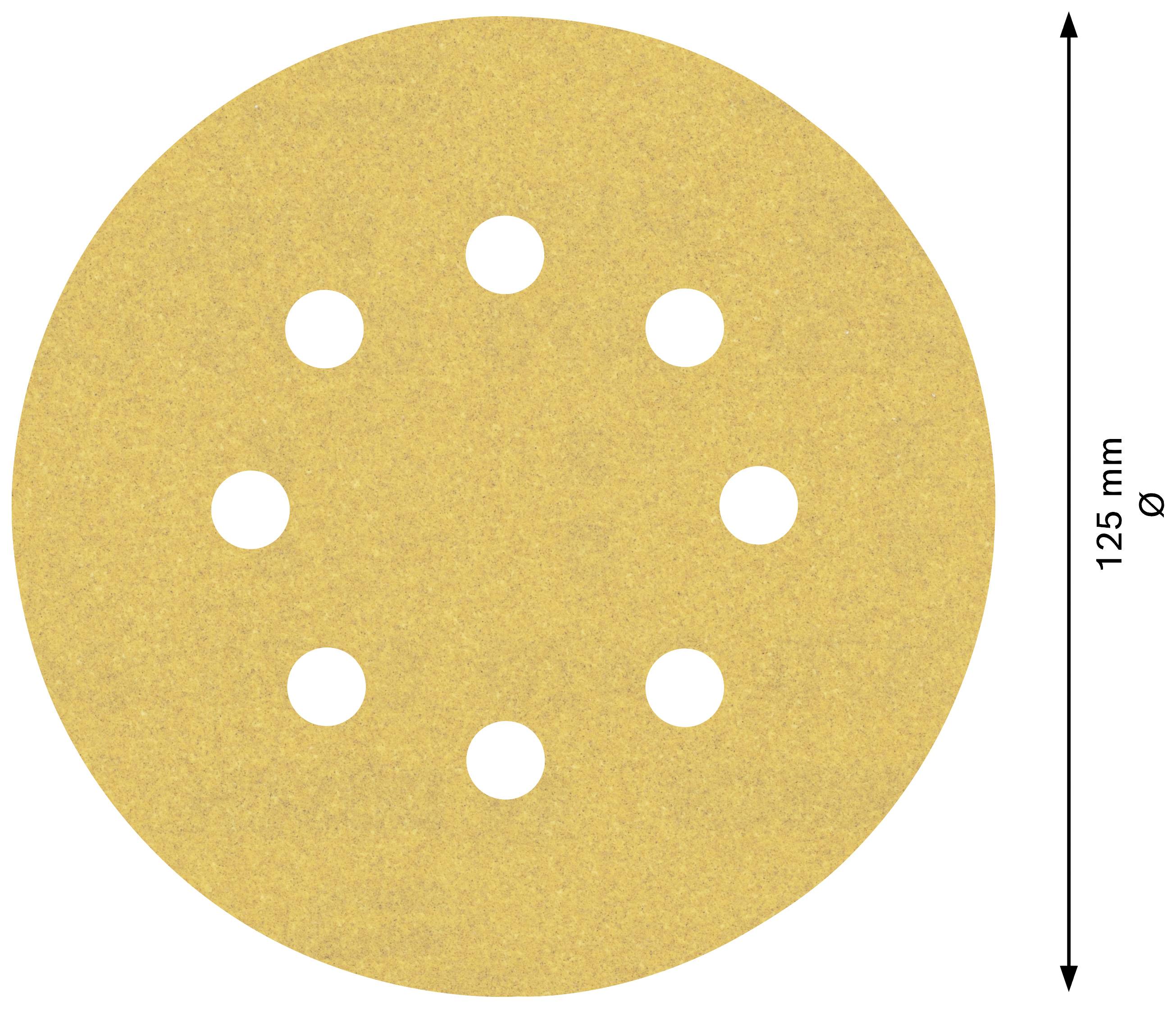 Disco abrasiva con dieci fori rotondi, di colore giallo-marrone, diametro 125 mm, utilizzata per macchine levigatrici.