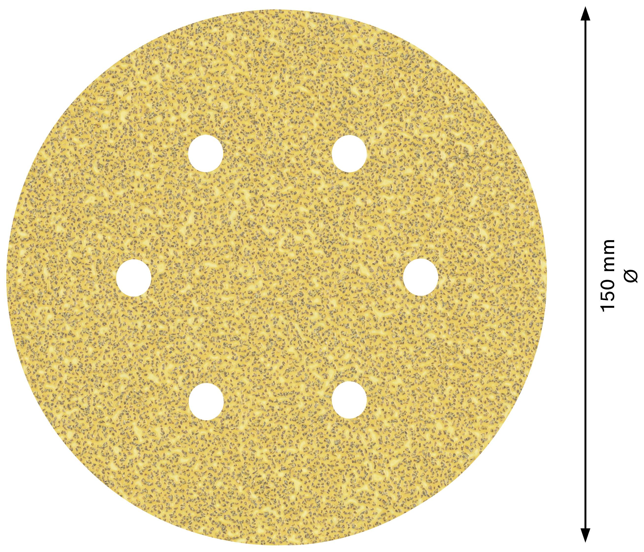 Carta abrasiva circolare con sei fori, diametro: 150 mm. Contiene una superficie strutturata e granulosa di colore giallo.