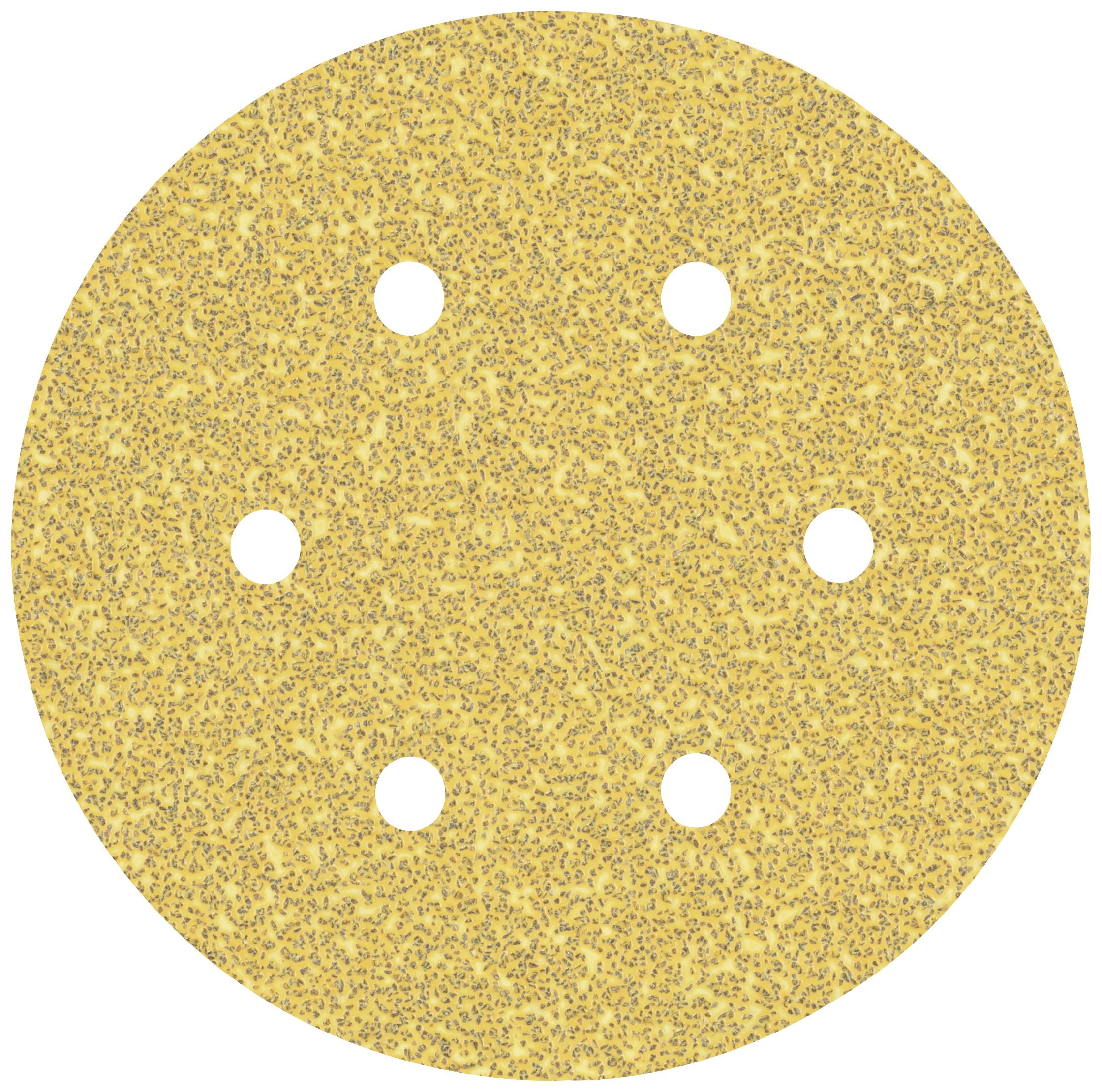 Un disco abrasivo rotondo di colore giallo con sei fori distribuiti uniformemente. Il disco ha una superficie granulosa adatta per lavori di levigatura.