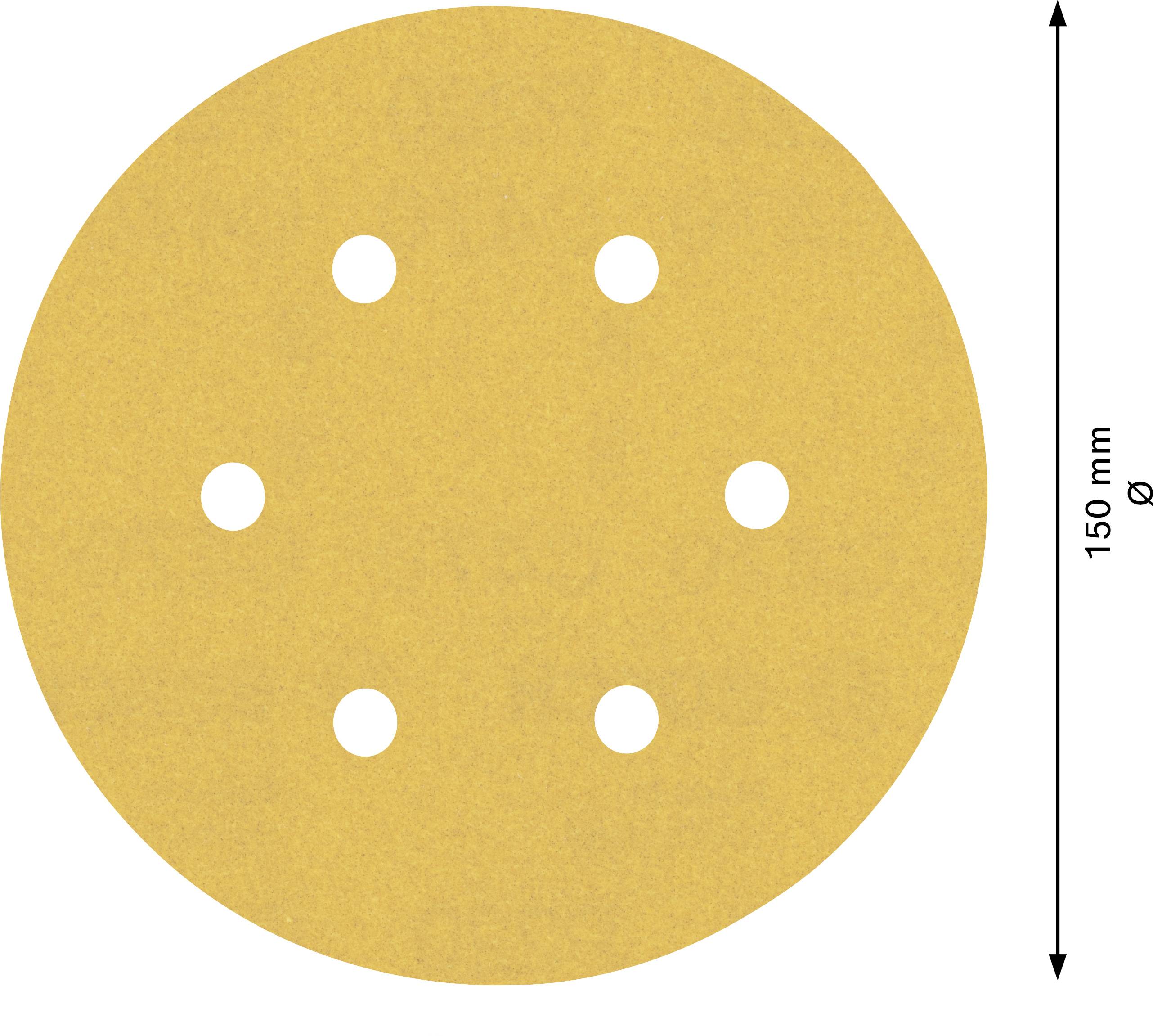 Un disco abrasivo rotondo giallo con sei fori, diametro 150 mm.