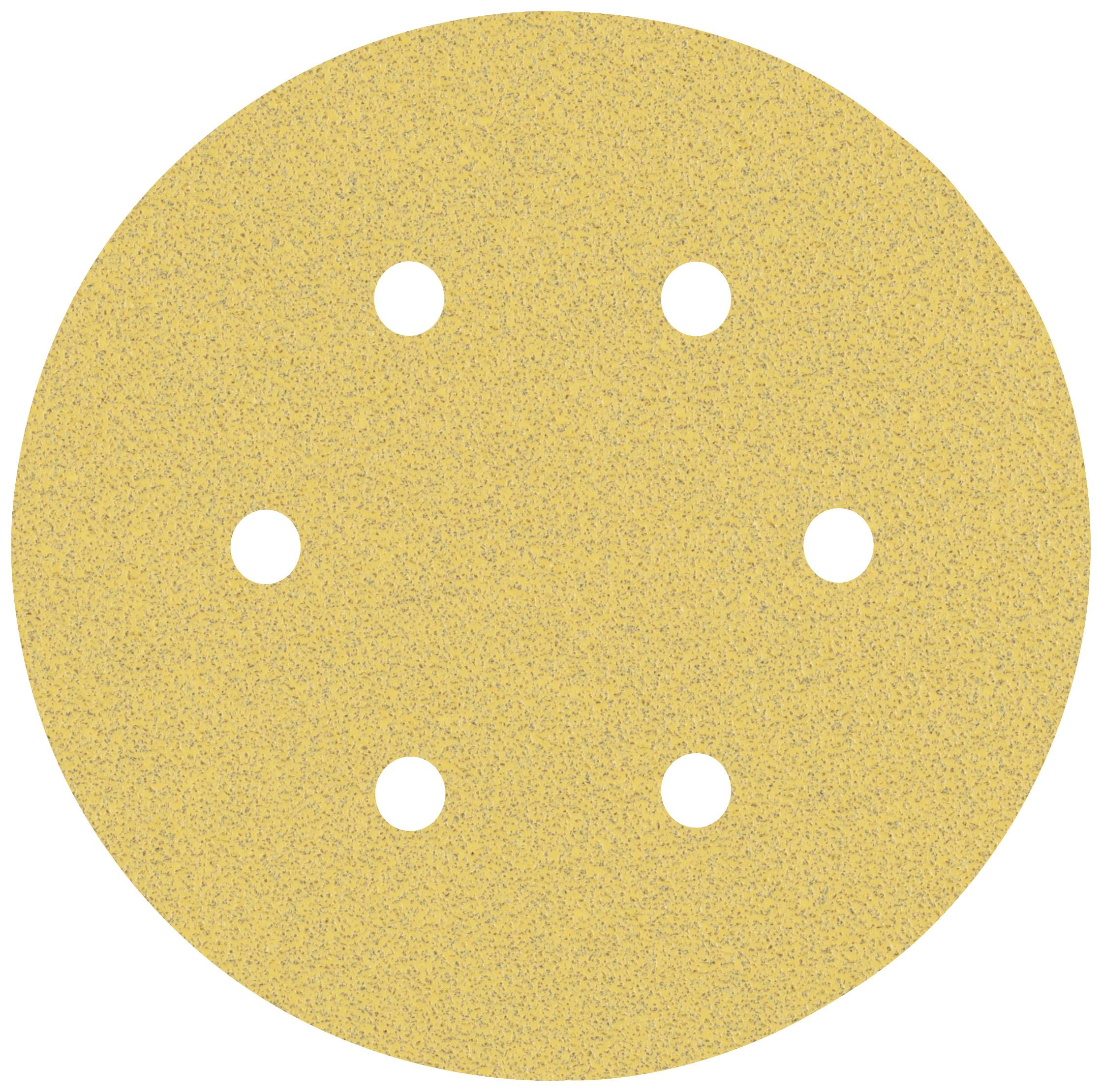 Foglio di carta abrasiva rotondo con sei fori, colore oro, spesso utilizzato per lavori di levigatura su legno o metallo.