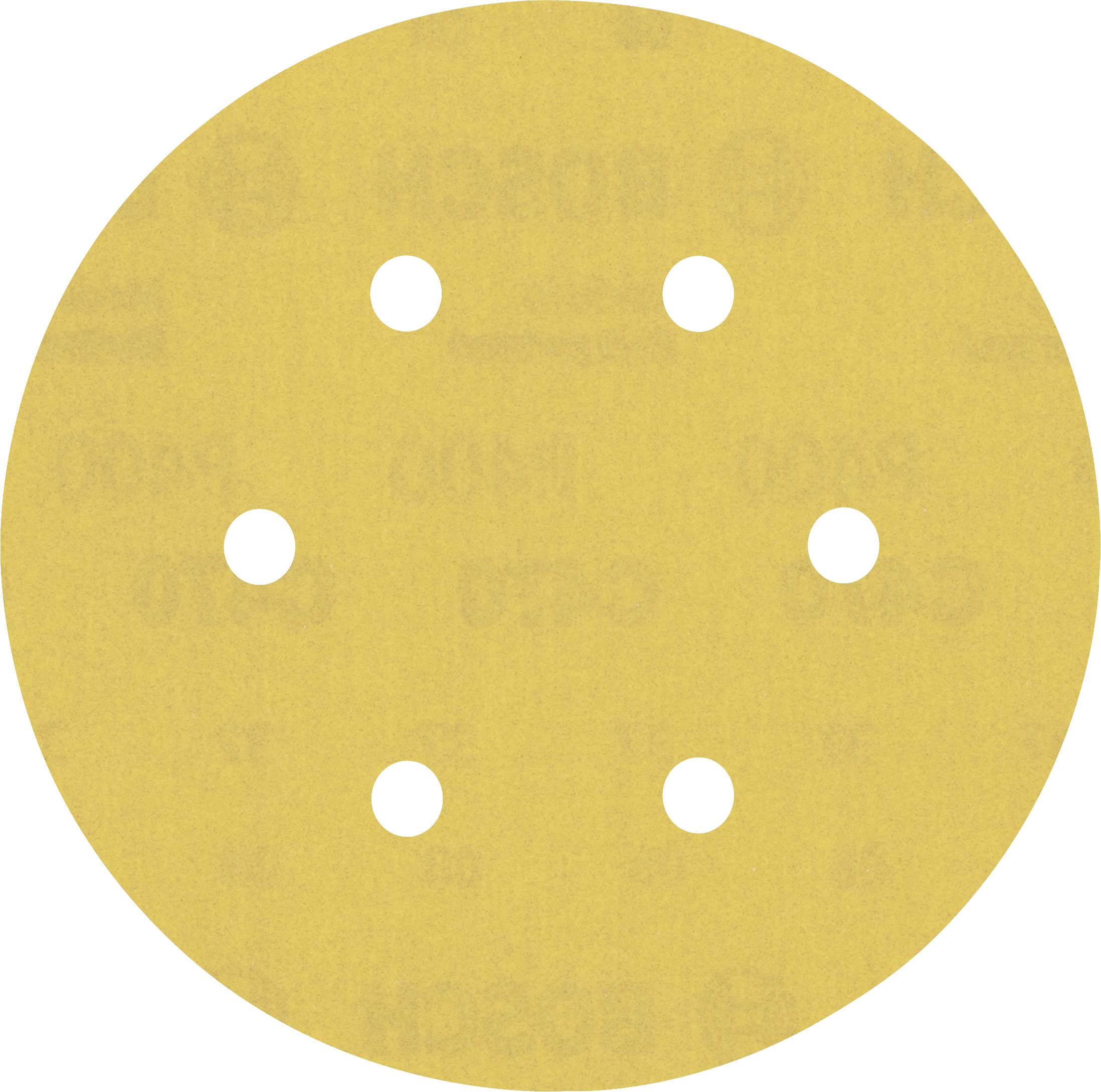 Un disco abrasivo giallo con sei fori, tipicamente utilizzato per levigatrici rotorbitali nel trattamento delle superfici nella lavorazione del legno.
