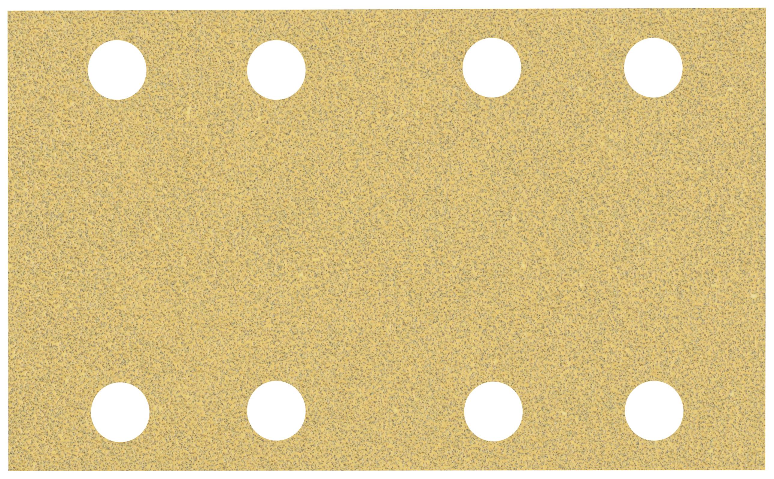 Un foglio di carta vetrata rettangolare con otto fori rotondi equidistanti. Colore: oro-marrone.