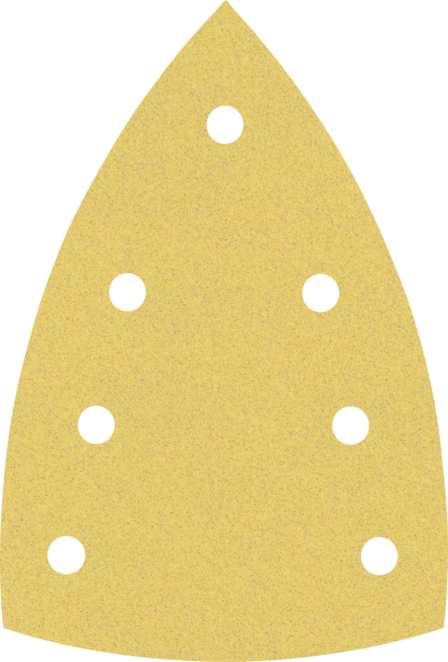 Carta abrasiva dorata a forma di goccia, con sette fori simmetricamente posizionati, utilizzata per lavori di dettaglio e precisione.