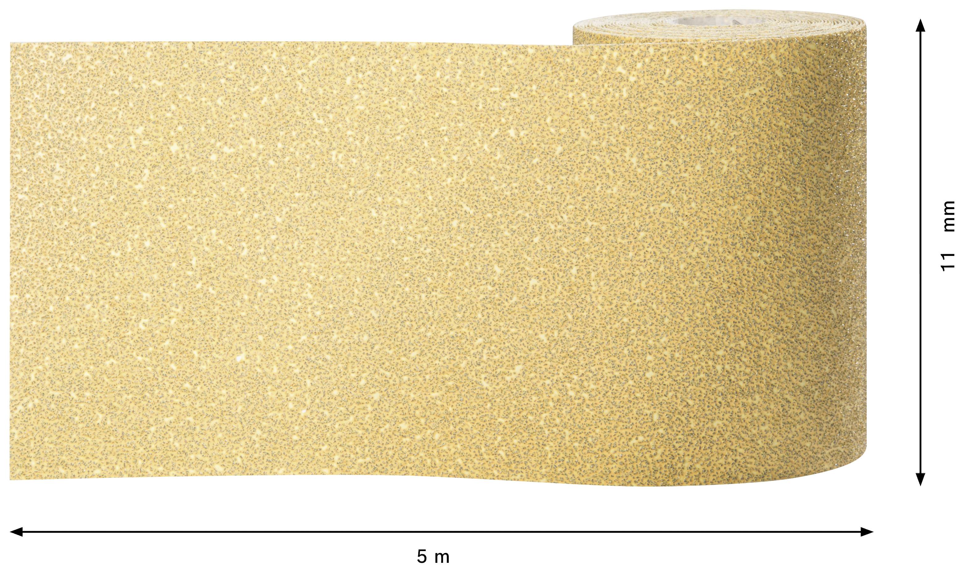 Rotolo di carta abrasiva, misure: 5 m di lunghezza, 11 mm di larghezza, colore beige, superficie strutturata per applicazioni di levigatura e pulizia.