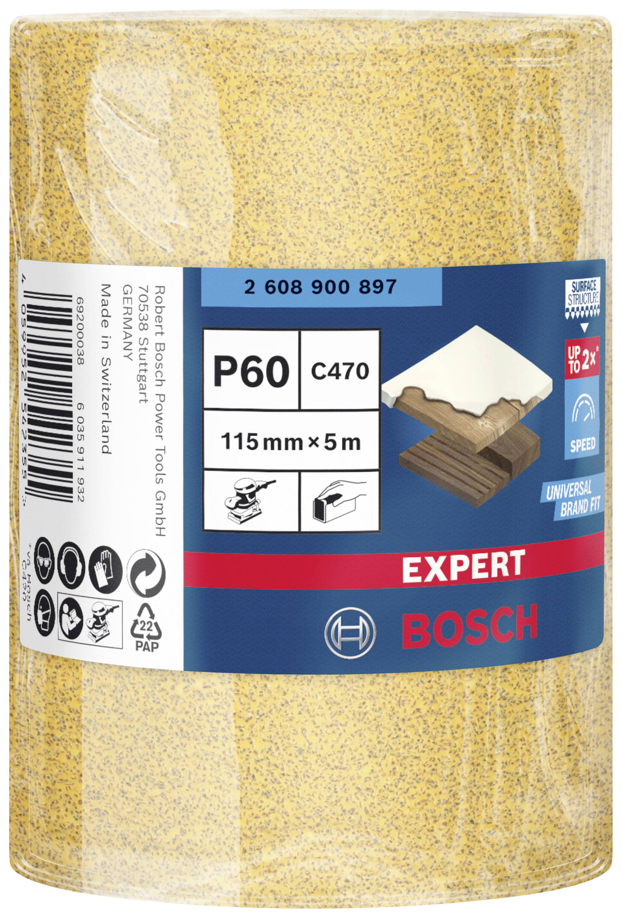 Rotolo di carta abrasiva Bosch, grana P60, adatto per legno. Dimensioni: 115 mm x 5 m. Include simboli di compatibilità per levigatrici.