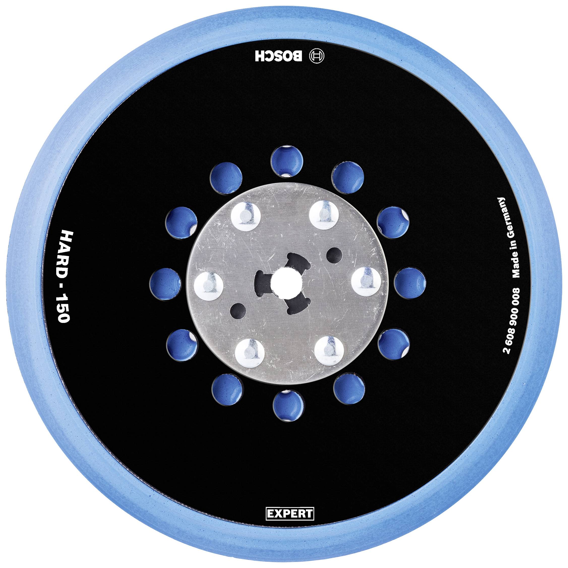Disco abrasiva 'Bosch' con bordo blu, centro nero e disco metallico con viti al centro, contrassegnato come 'Hard 150'.