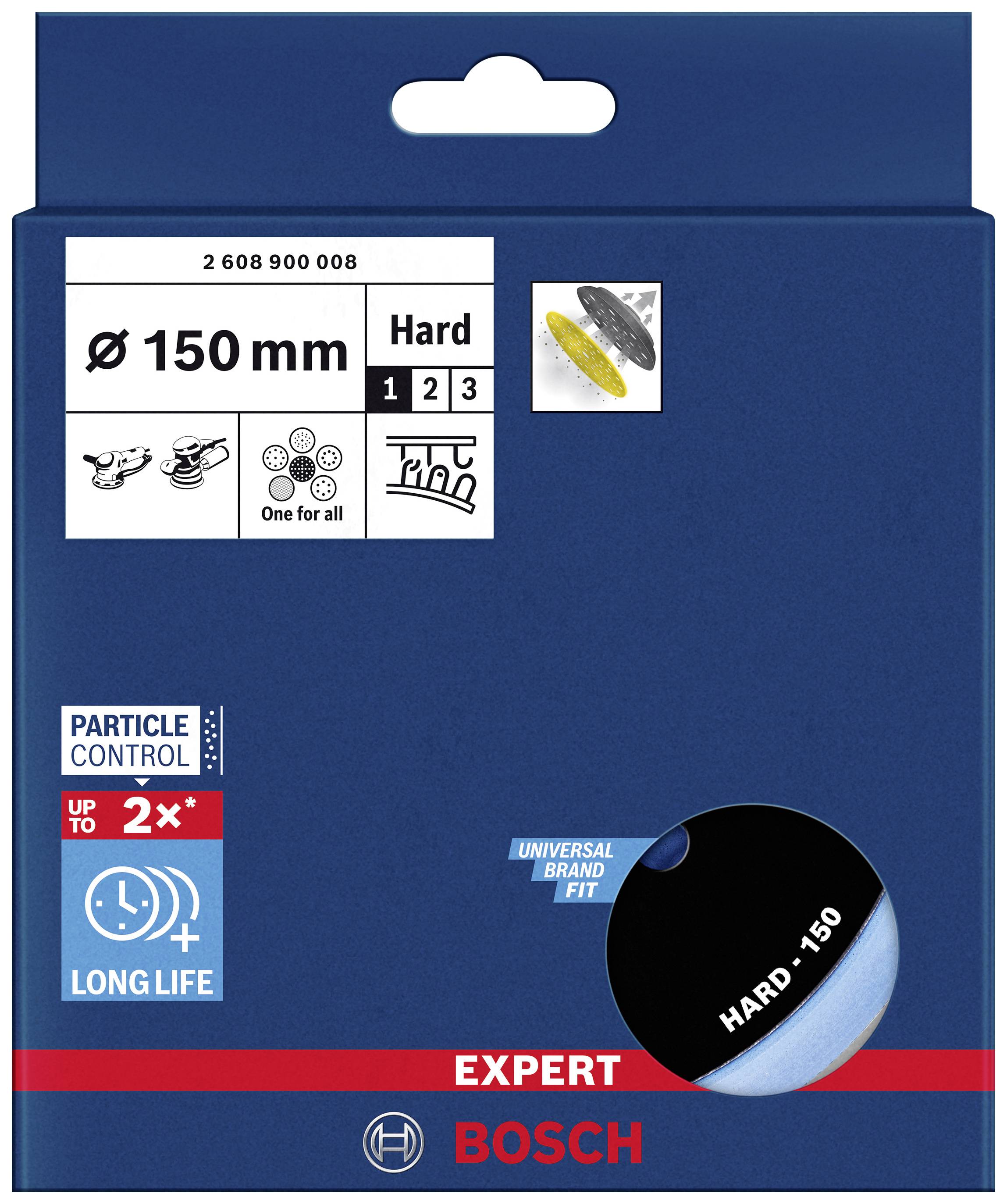 'Confezione Bosch di dischi abrasivi per Ø 150 mm, Duro, con simboli per la protezione delle particelle e lunga durata. Serie Expert.'