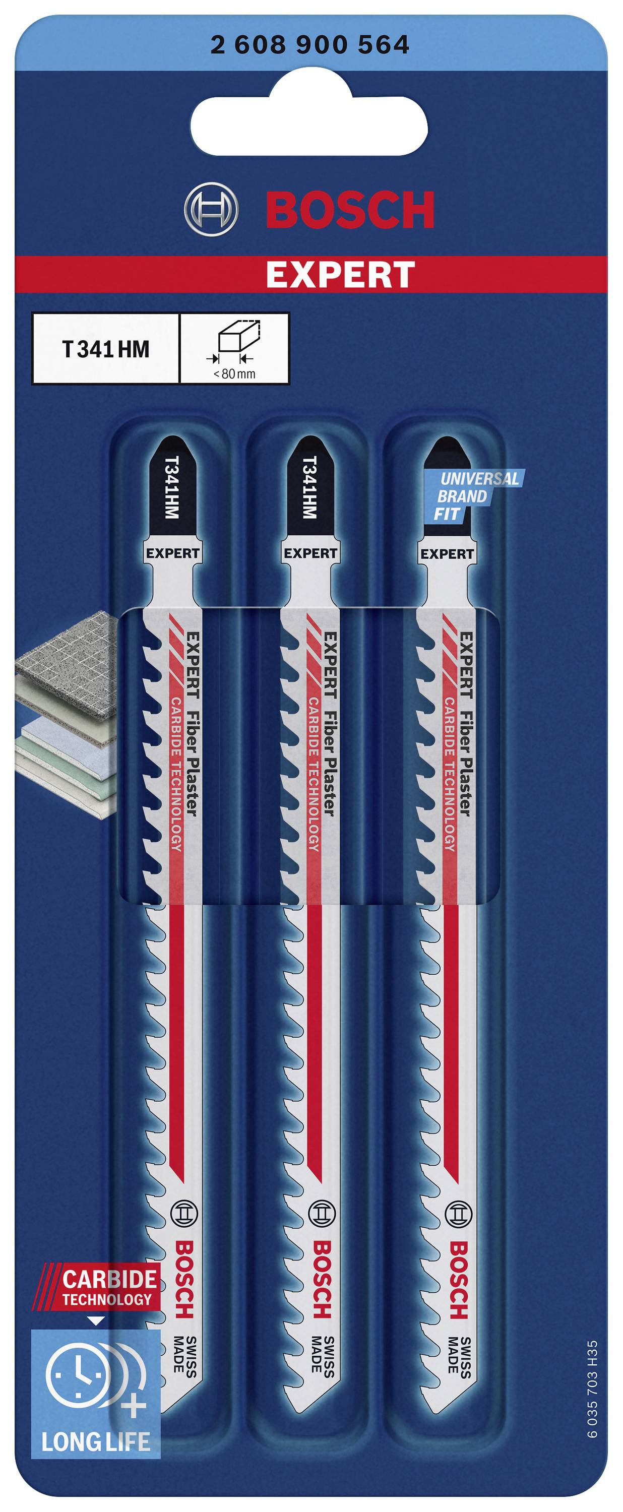 'Tre lame per seghetto alternativo Bosch Expert T341HM per piastrelle, tecnologia al carburo per lunga durata, in confezione blister.'