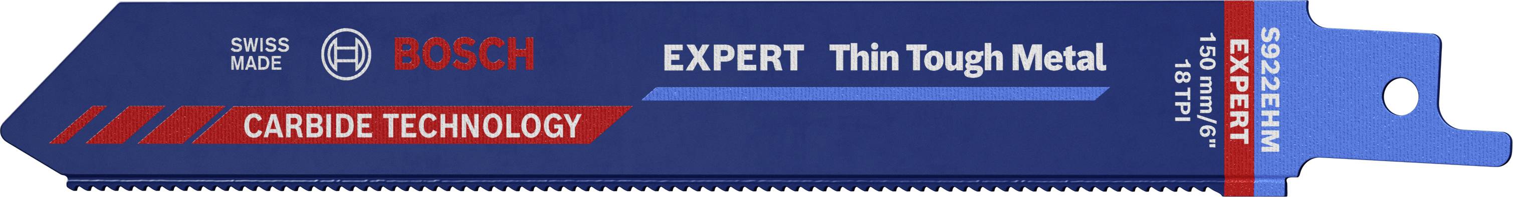 Lama da taglio con la scritta 'Bosch Expert Thin Tough Metal', adatta per metallo sottile e duro. Riporta l'iscrizione 'Carbide Technology'.