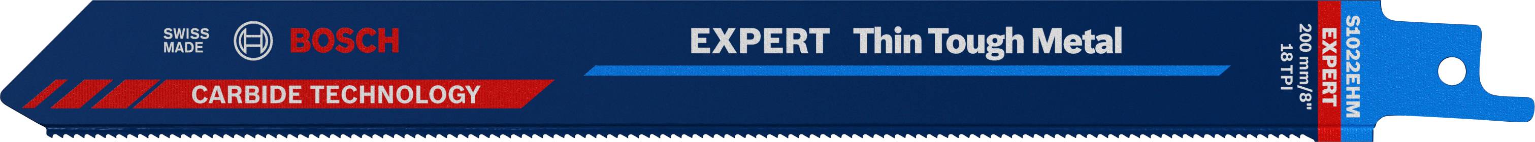 Lama da sega Bosch con scritta 'EXPERT Thin Tough Metal' e 'Carbide Technology', adatta per metalli sottili.