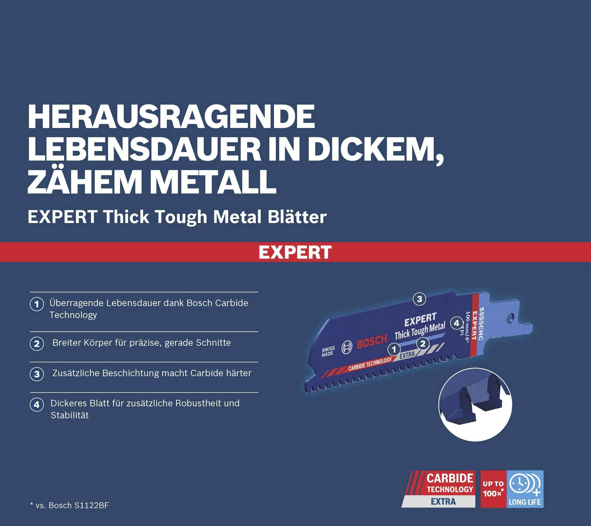 Immagine del prodotto di una lama da sega con testo: 'Durata eccezionale in metallo spesso e resistente. Expert Thick Tough Metal Lame.'