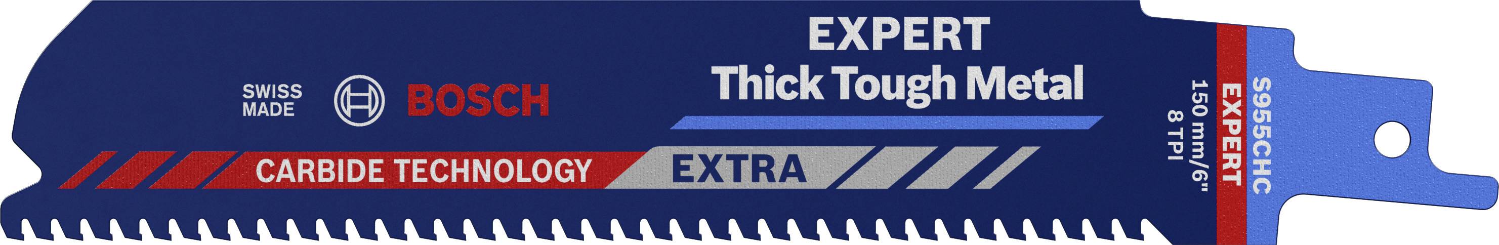 Lama da taglio con scritta 'Expert Thick Tough Metal', logo Bosch, per metalli robusti, tecnologia di dentatura speciale, design blu e rosso.