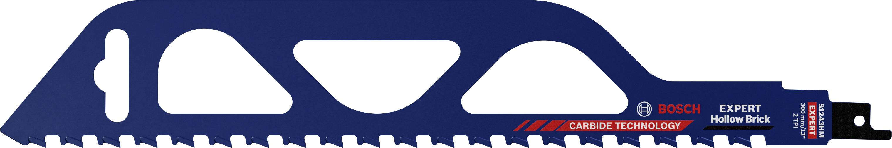 Una lama da sega blu Bosch con la scritta 'Carbide Technology'. Progettata per tagli veloci e precisi.