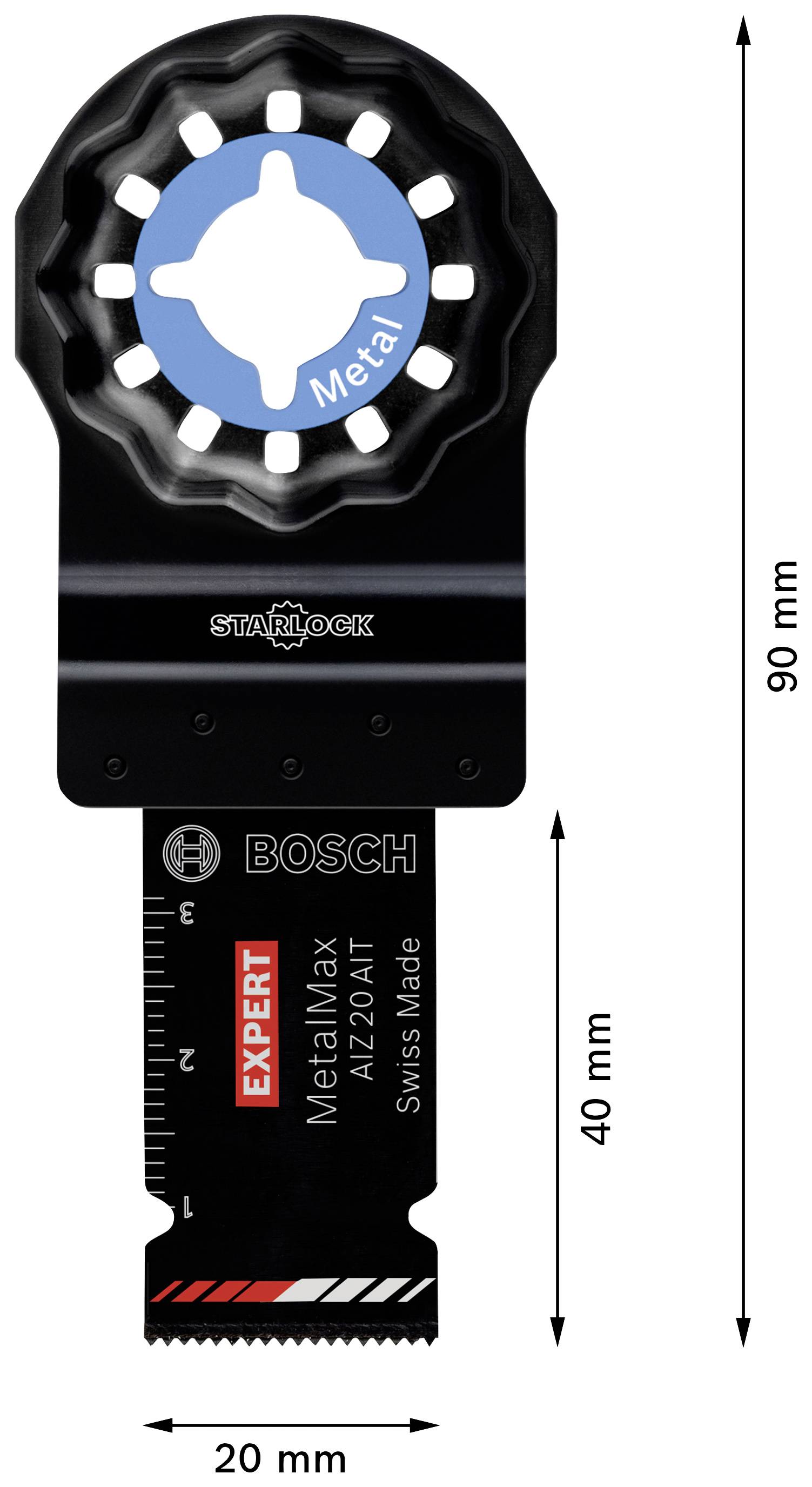 'Lama da sega nero con attacco Starlock e inserto metallico blu. Il logo Bosch e la scala indicano le misure: 90 mm di lunghezza, 20 mm di larghezza.'