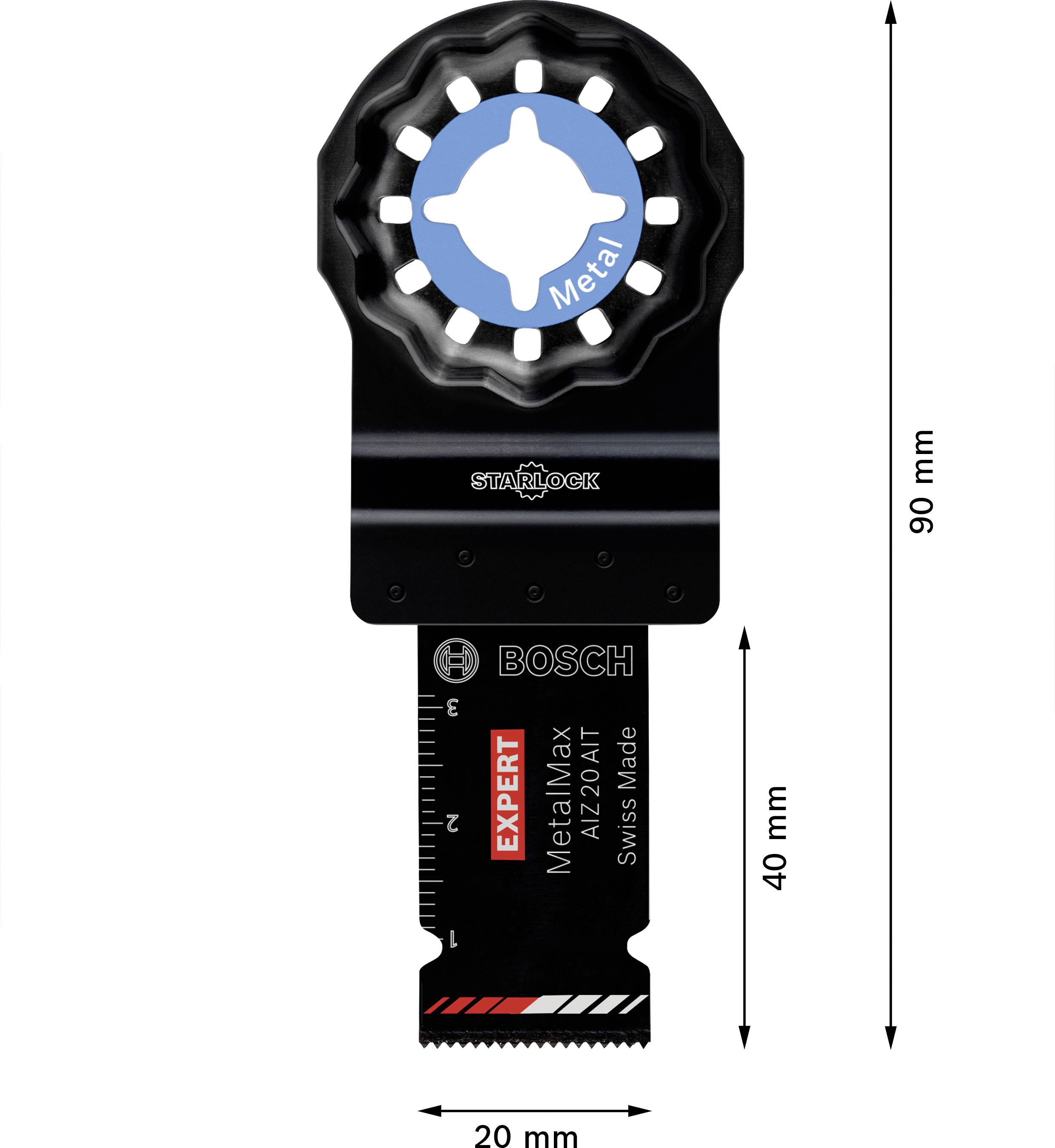 Lama multifunzione Bosch, tipo 'Starlock', lunga 90 mm, larga 20 mm. Adatta per la lavorazione dei metalli, con stampa Expert.