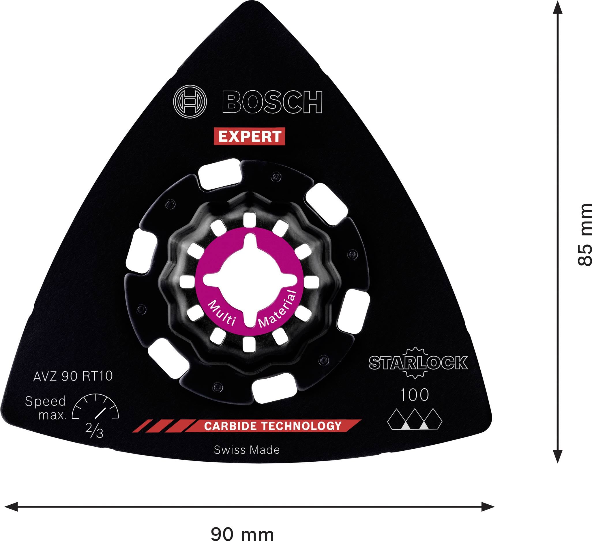 Un accessorio multiuso triangolare per sega, sfondo nero, largo 90 mm, alto 85 mm. Loghi di marca e la scritta 'Expert' in rosso.