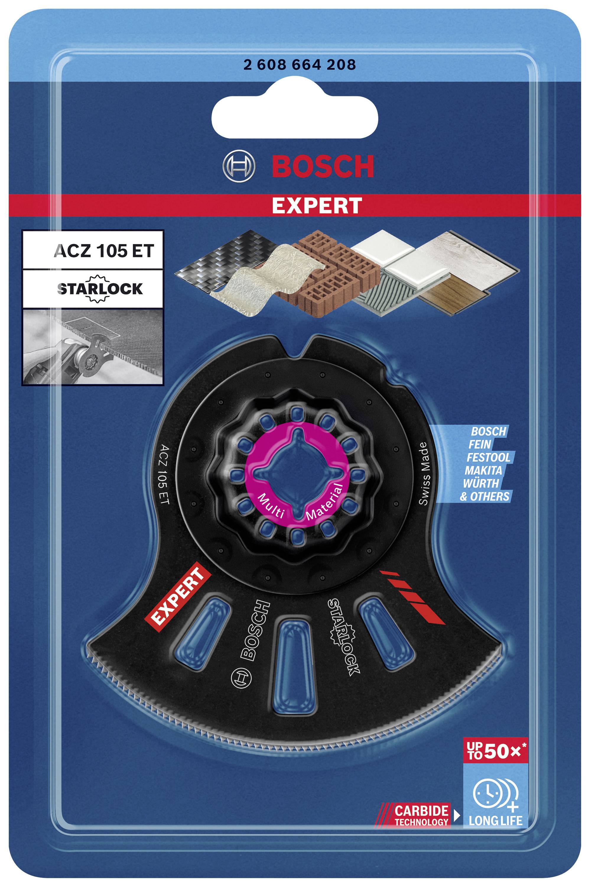 Lama da taglio 'Bosch Expert ACZ 105 ET' in confezione, mostra i materiali per l'utilizzo: legno, piastrelle, metallo, plastica.