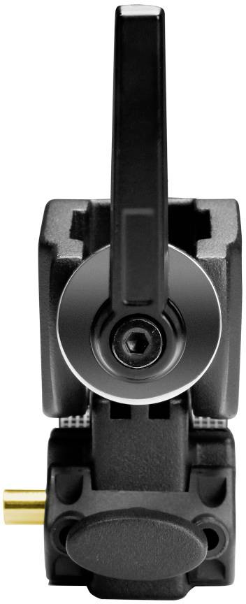 Una leva metallica nera è posizionata verticalmente ed è parte di un dispositivo tecnico, con un attacco dorato sul lato.