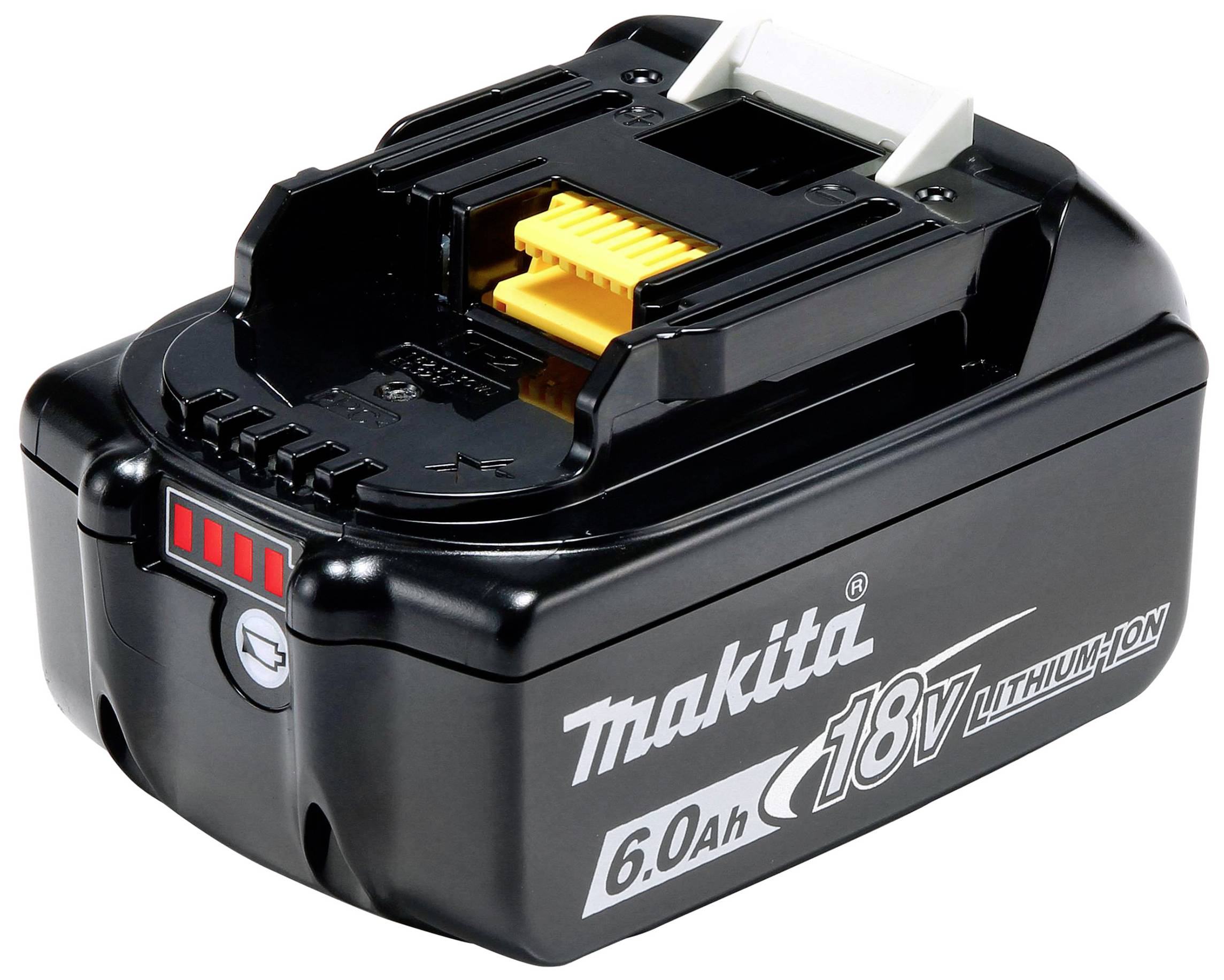 Batteria Makita 18V agli ioni di litio, colore nero, 6.0Ah, con indicatore di carica.