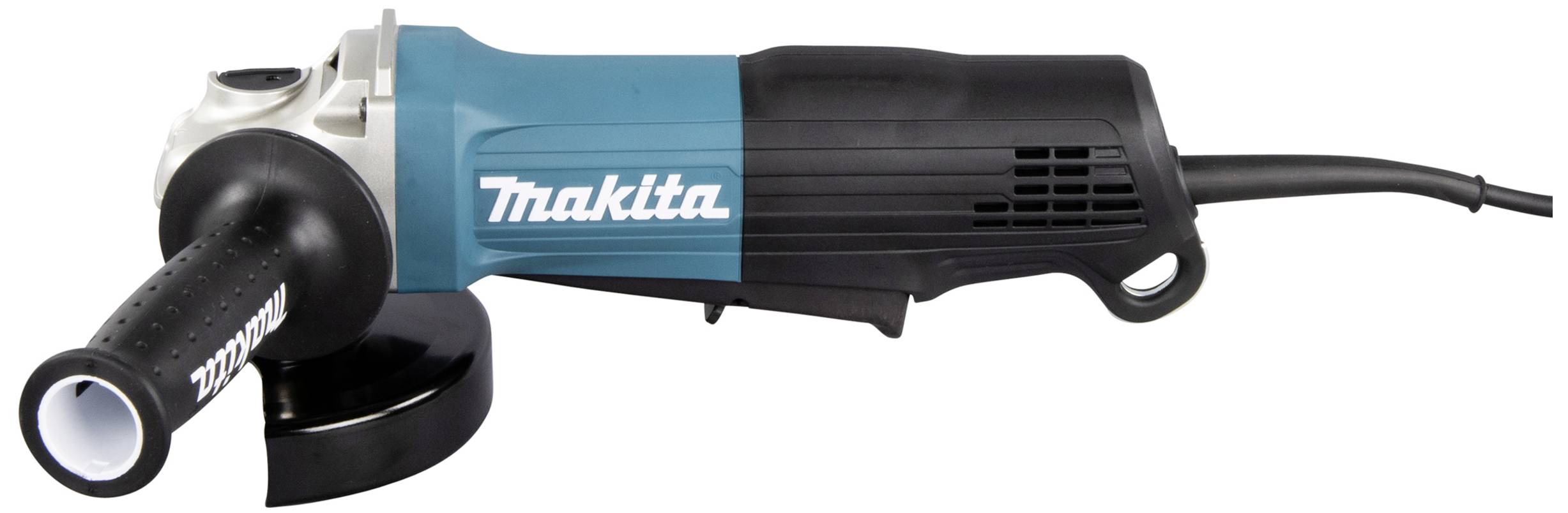 Smerigliatrice angolare elettrica con involucro blu e nero e impugnatura laterale. Guida del cavo sul lato destro. Simbolo del marchio 'Makita' sul fianco.