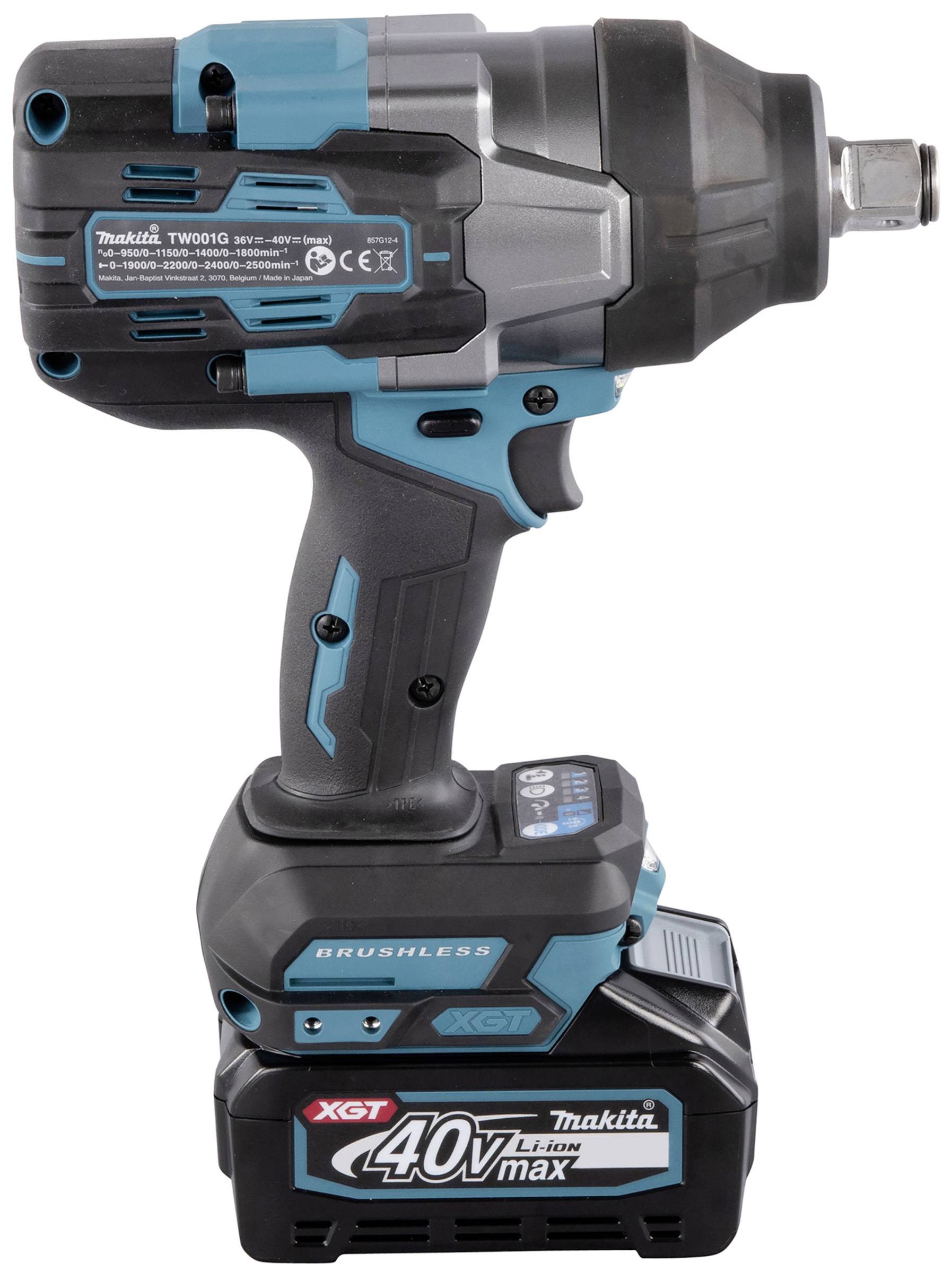 Avvitatore a impulsi a batteria con involucro blu e nero. Batteria Li-Ion 40V Max e motore brushless, adatto per lavori di avvitatura pesanti.