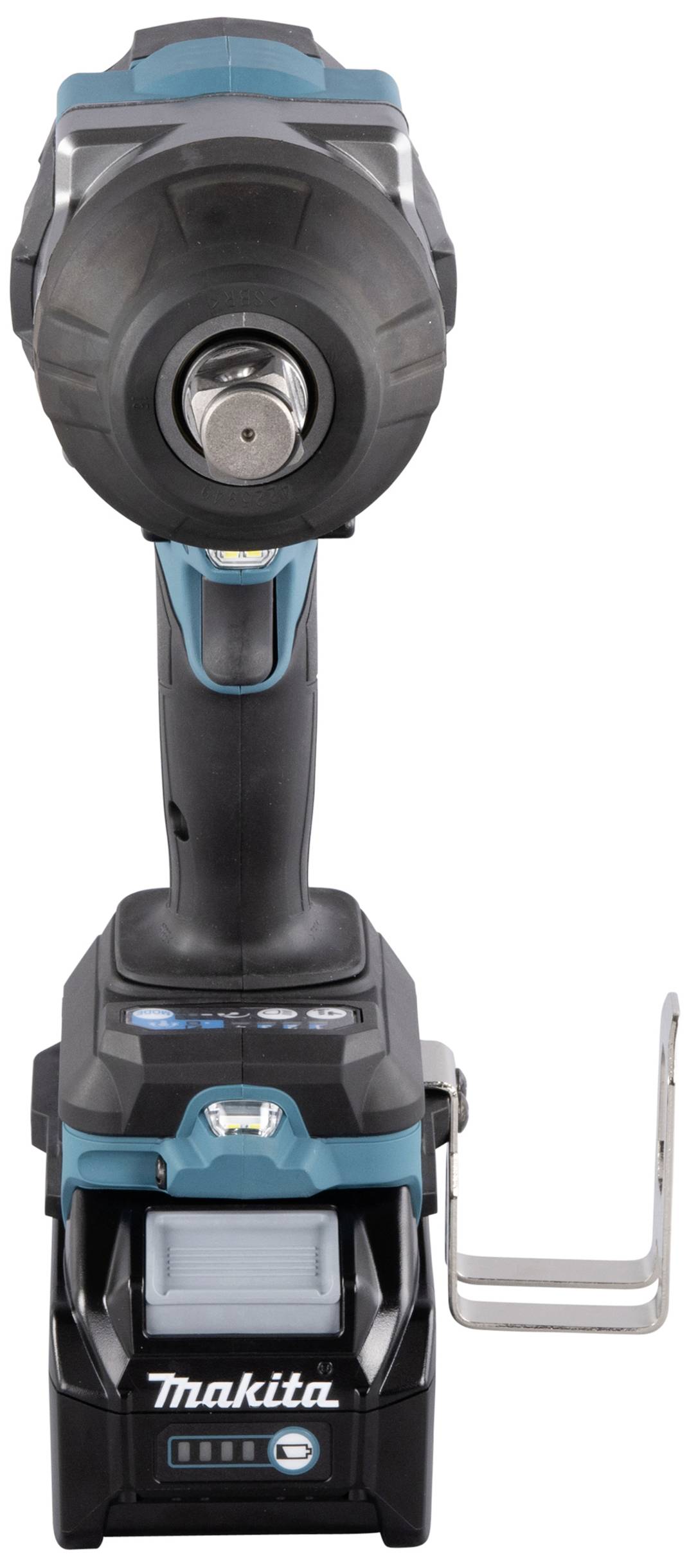 Avvitatore a impulsi a batteria Makita in vista frontale; mostra l'utensile con batteria e gancio metallico, adatto per lavori fai-da-te.